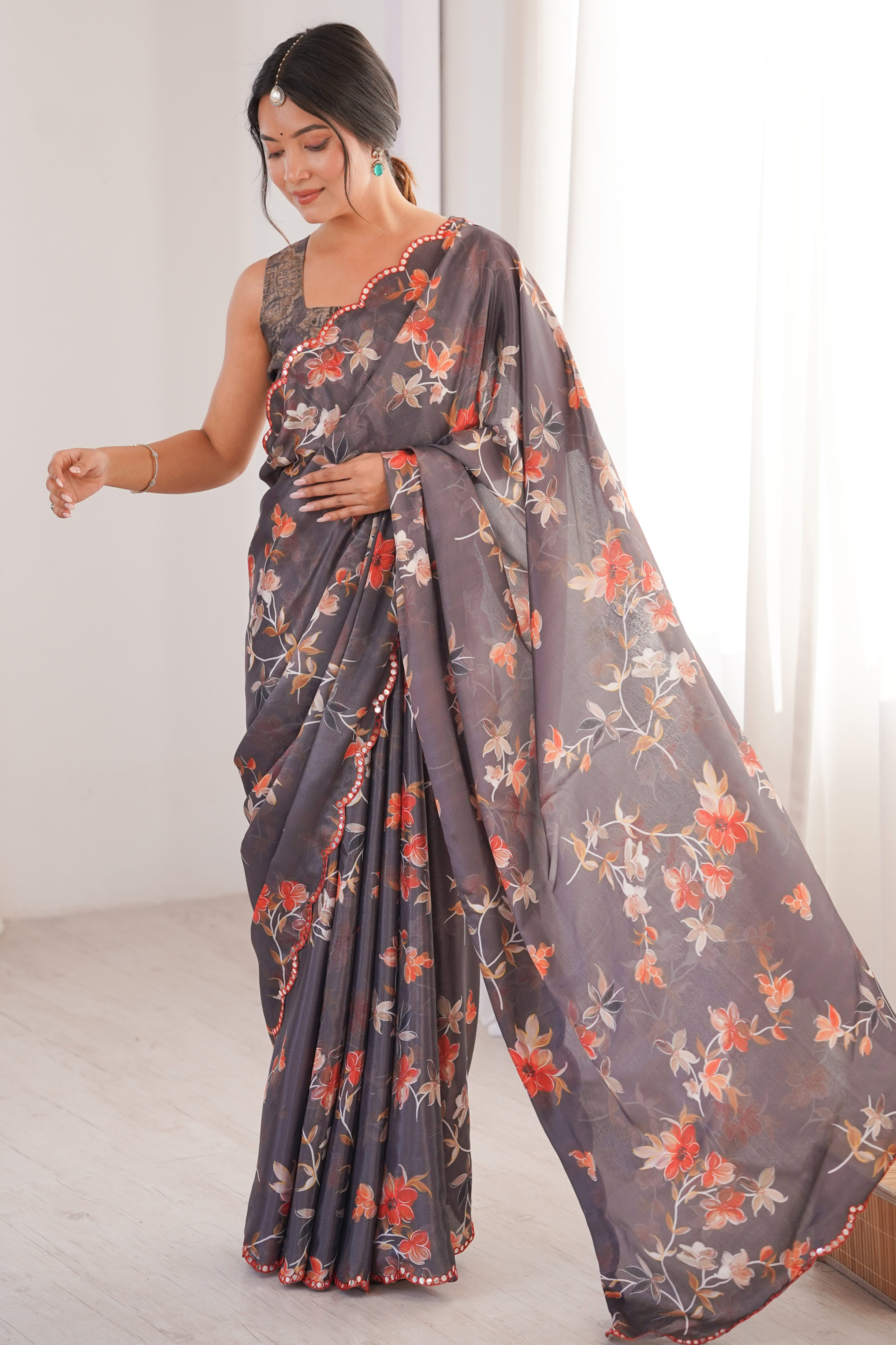 Graceful Grey Floral Digital Printed Chinon Saree Highlighted By Delicate Embroidered Border