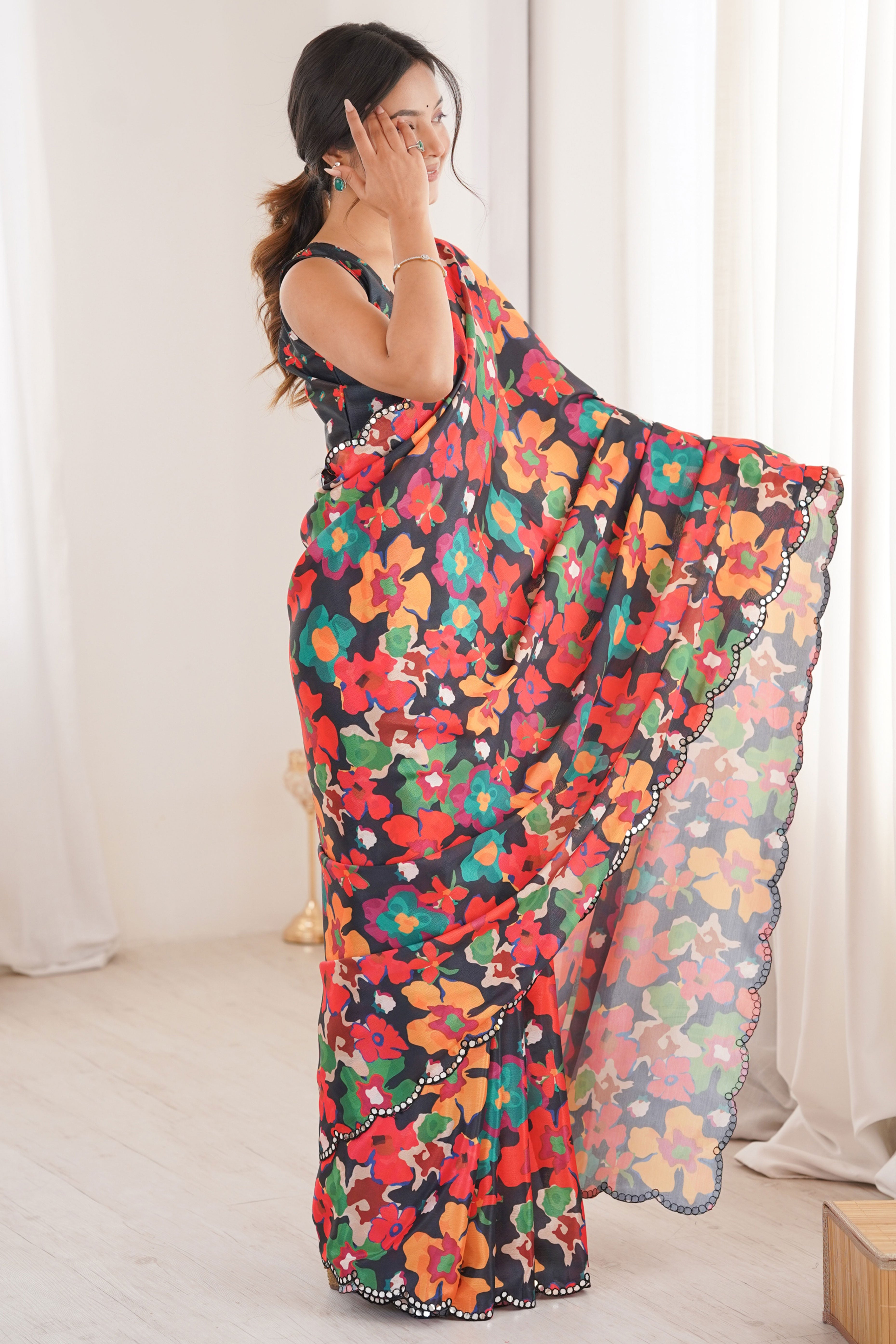 Contemporary Multicolor Floral Digital Printed Chinon Saree With Fine Embroidered Border