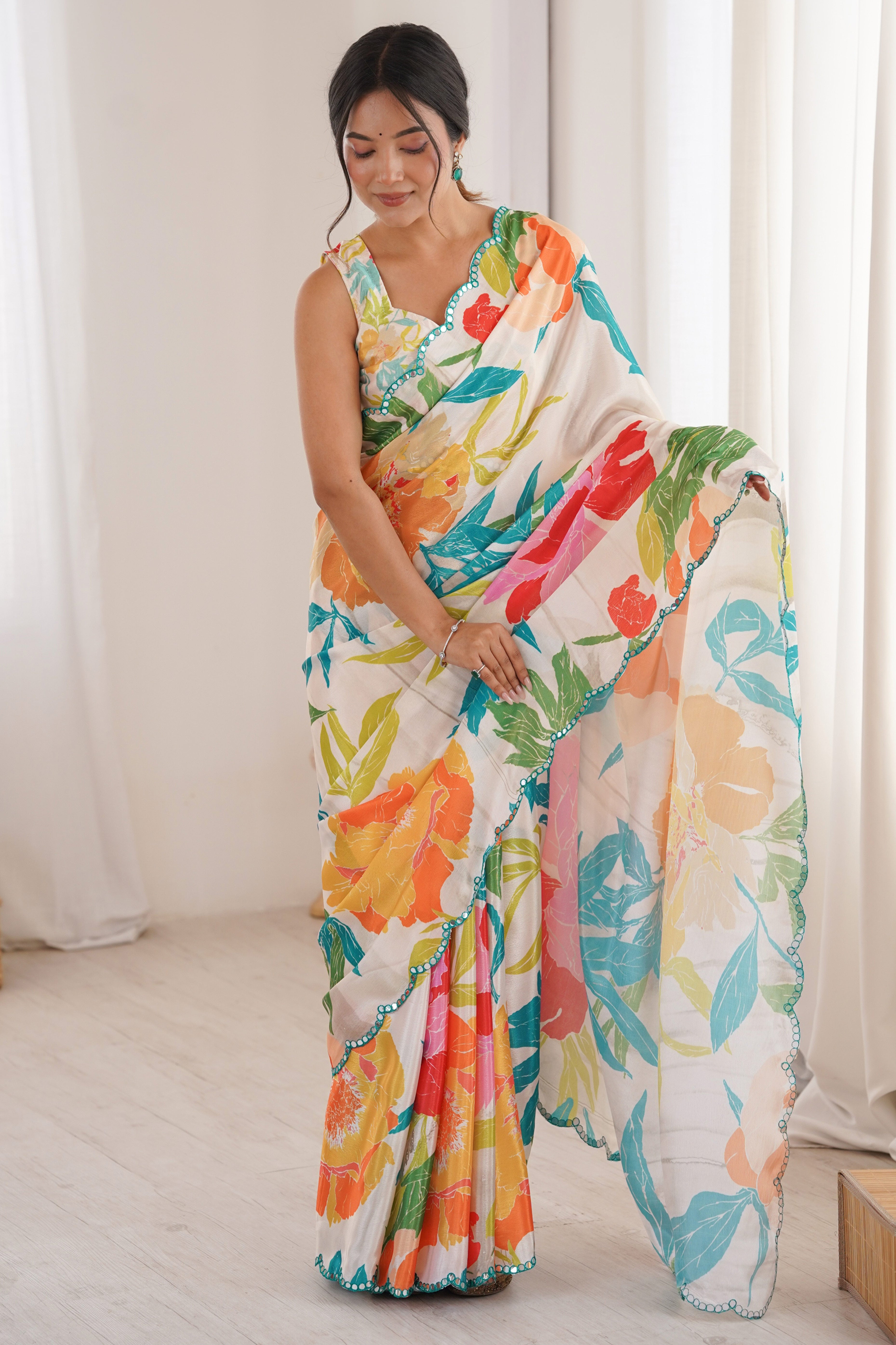Chic Multicolor Floral Digital Printed Chinon Saree With Handcrafted Embroidered Border Elegance