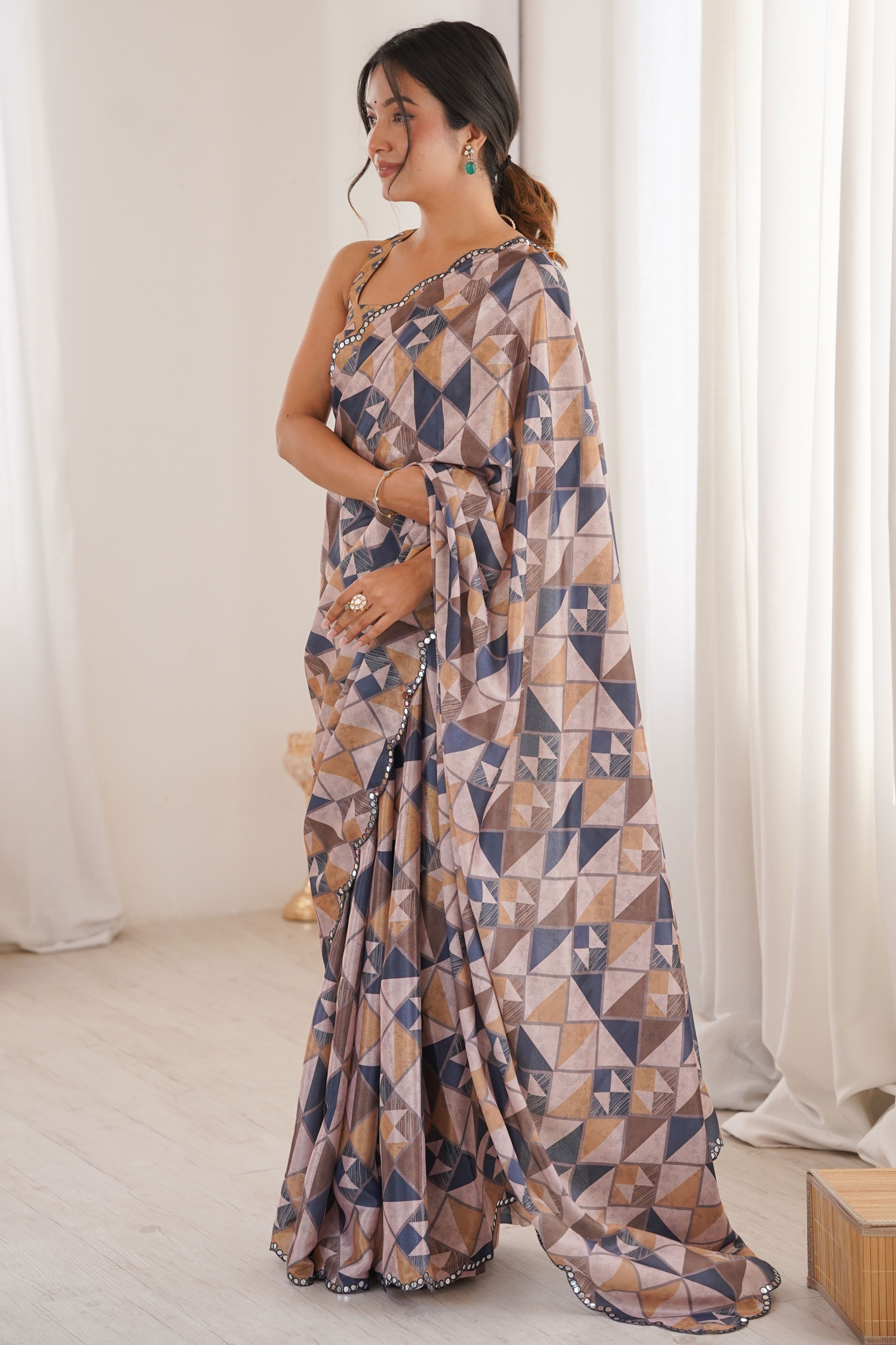 Opulent Multicolor Geometric Digital Printed Chinon Saree Enhanced With Premium Embroidered Border
