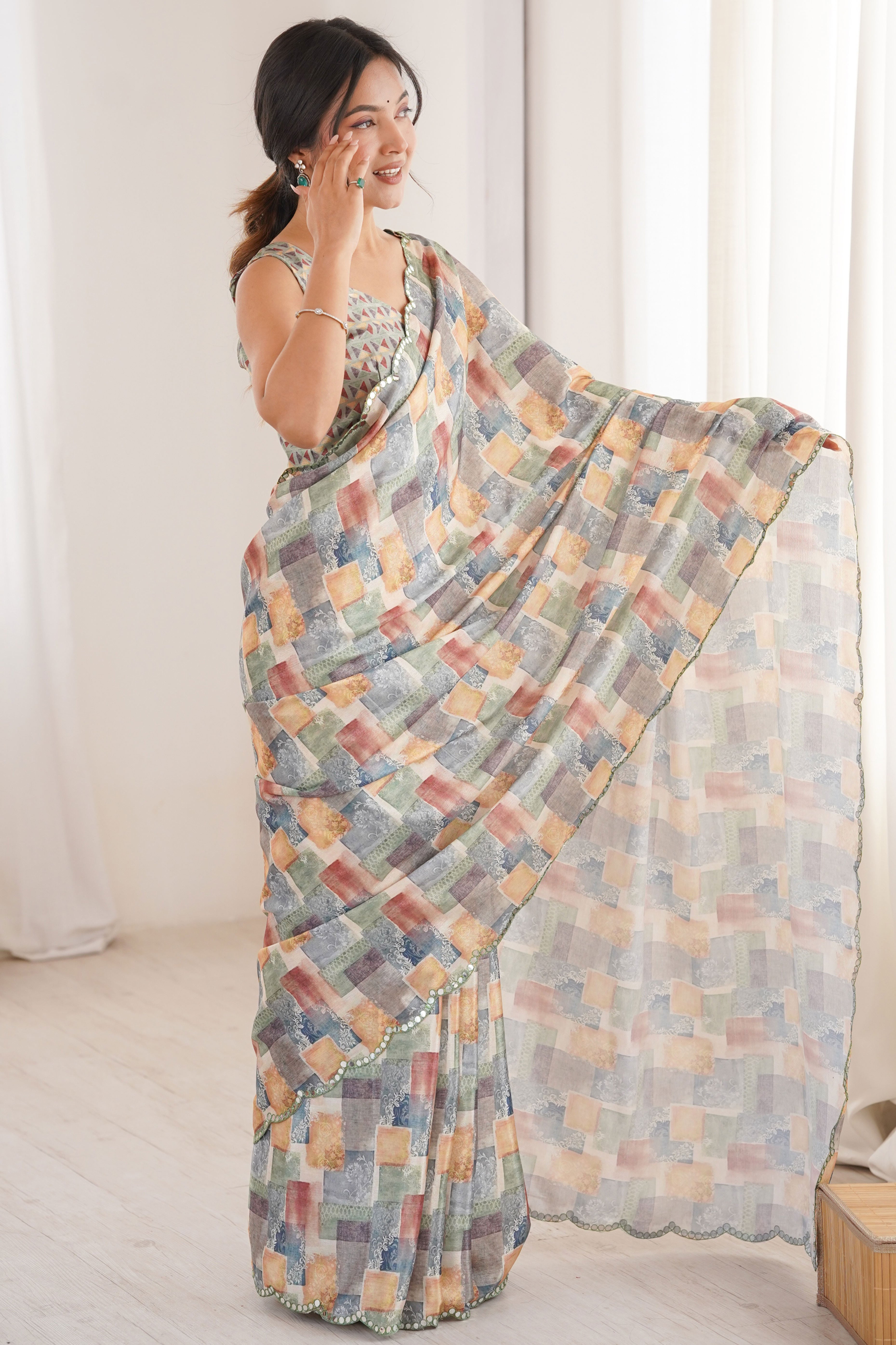 Exquisite Multicolor Geometric & Floral Digital Printed Chinon Saree With Elegant Embroidered Border