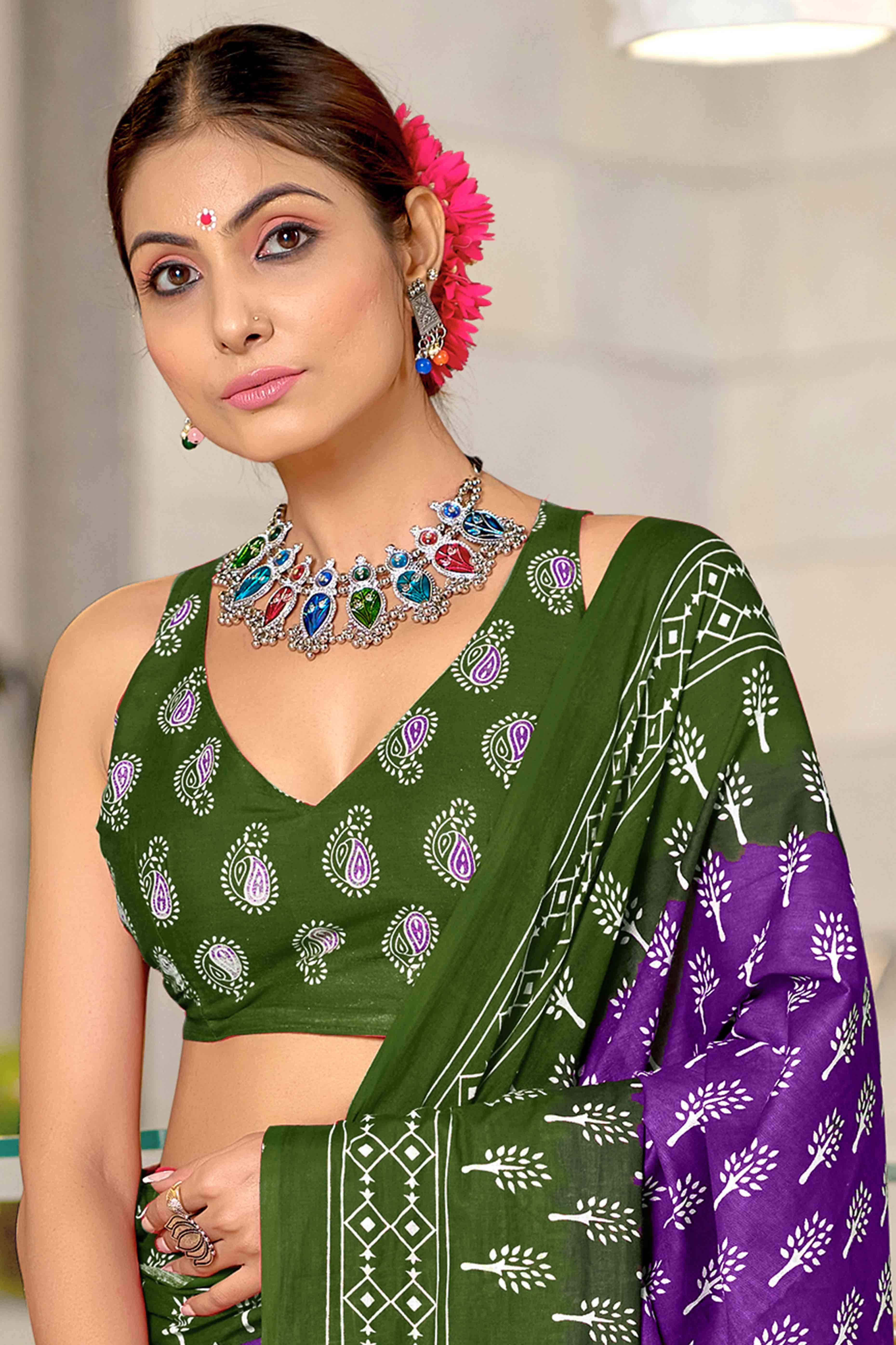 Fresh Green & Purple Soft Cotton Saree with All-Over Floral Prints