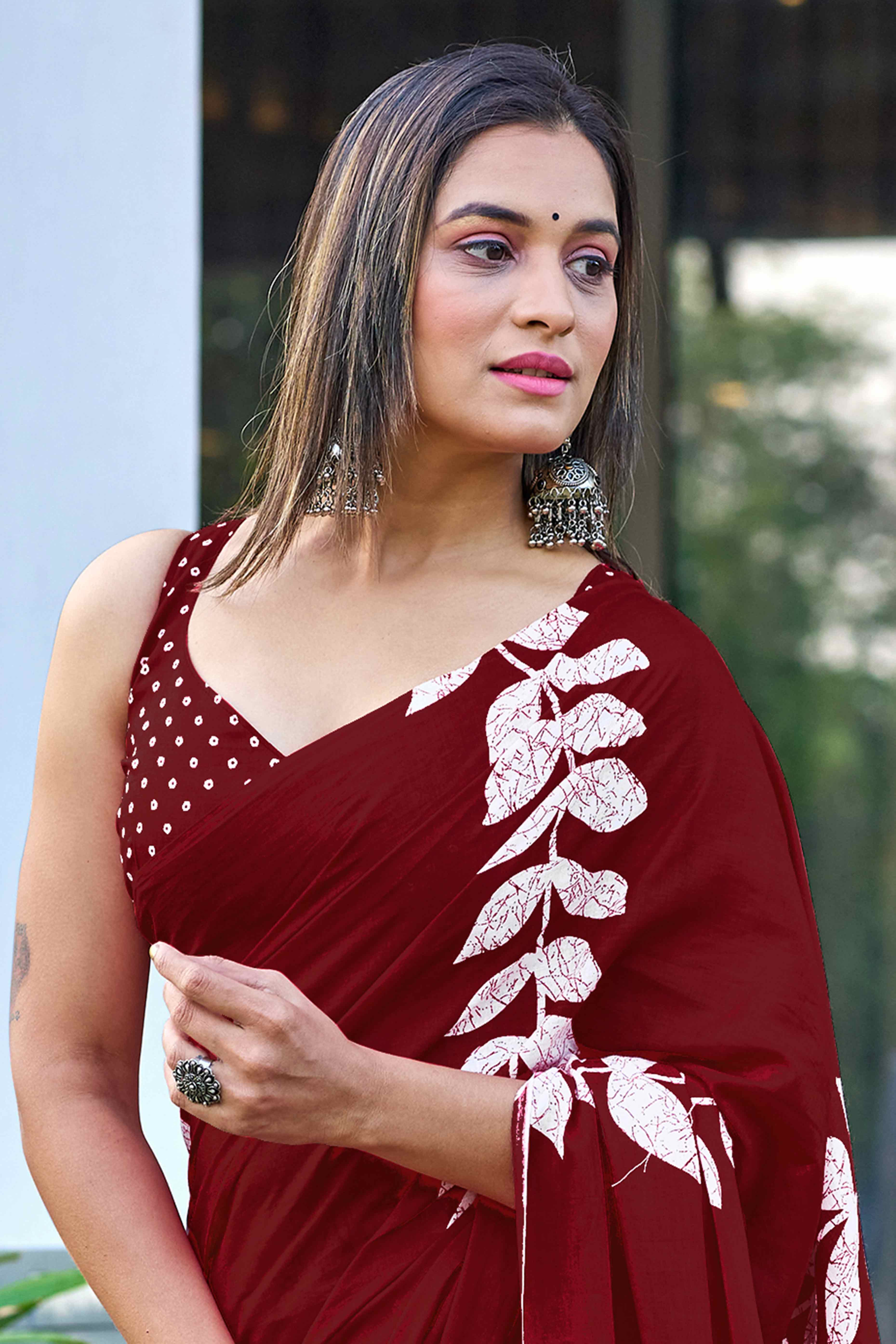 Maroon Cotton Saree with Authentic Bagru Block Print