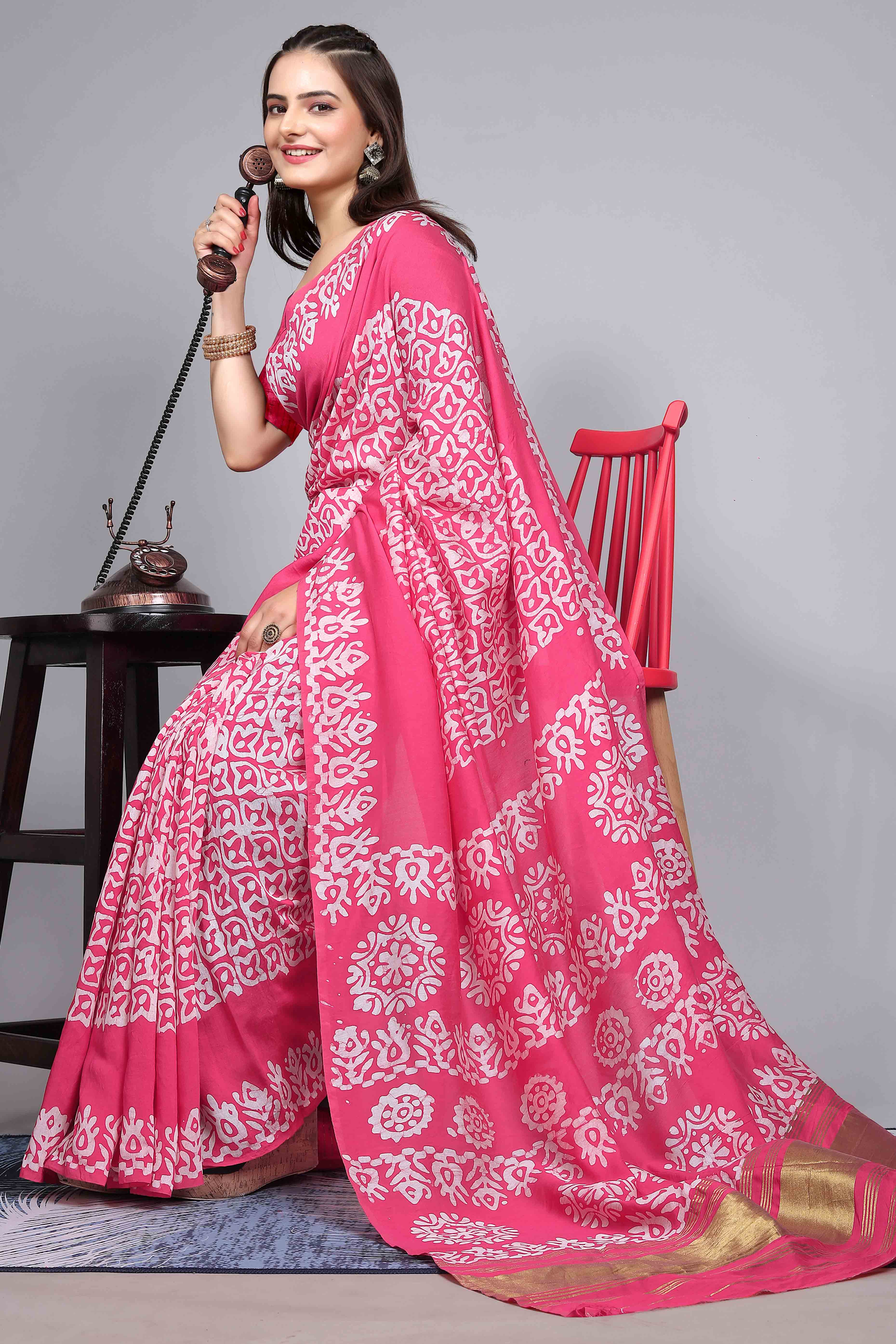 Pink Floral Printed Chanderi Cotton Silk Lagdi patta Saree