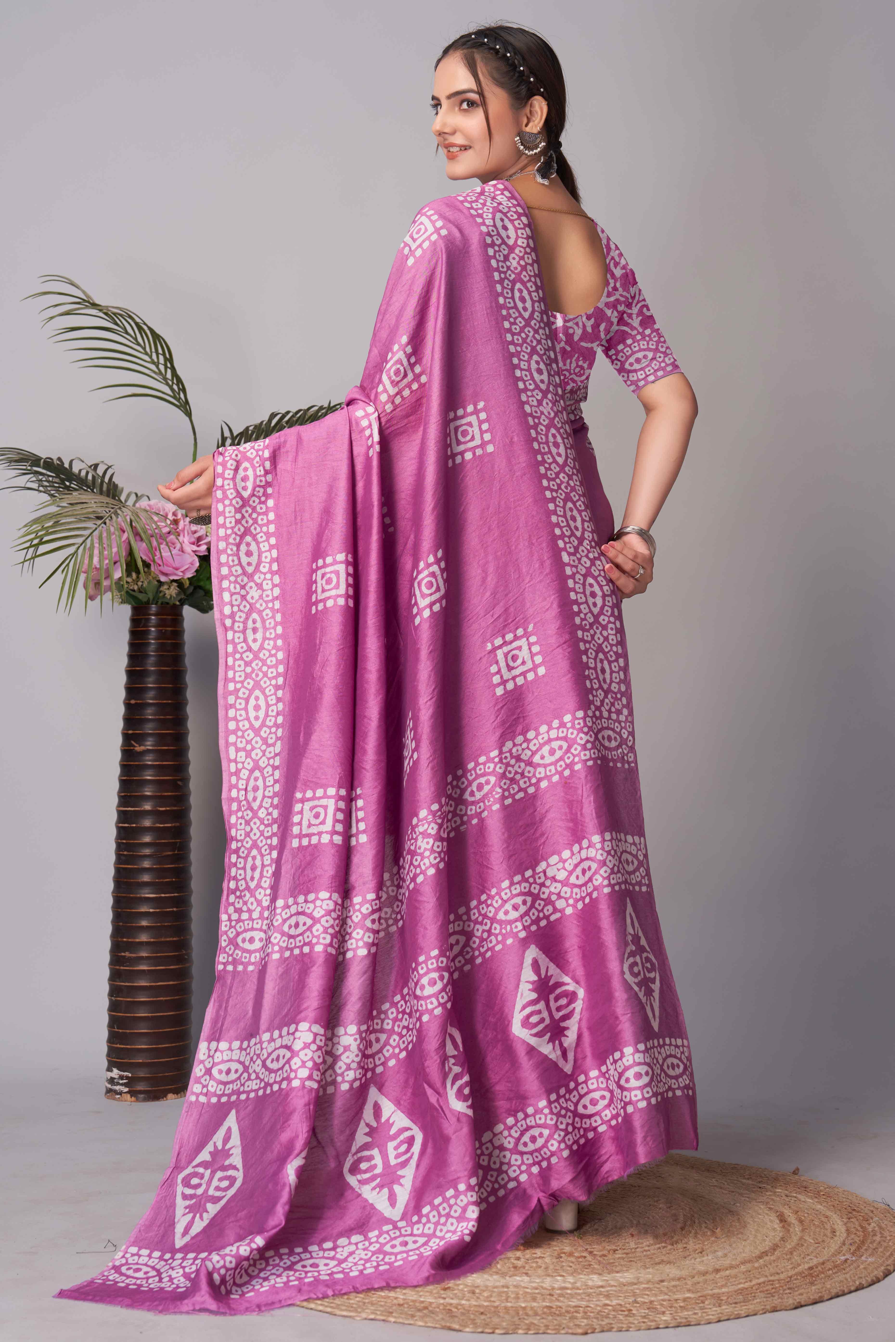 Pink Batik Printed Chanderi Cotton Silk Saree