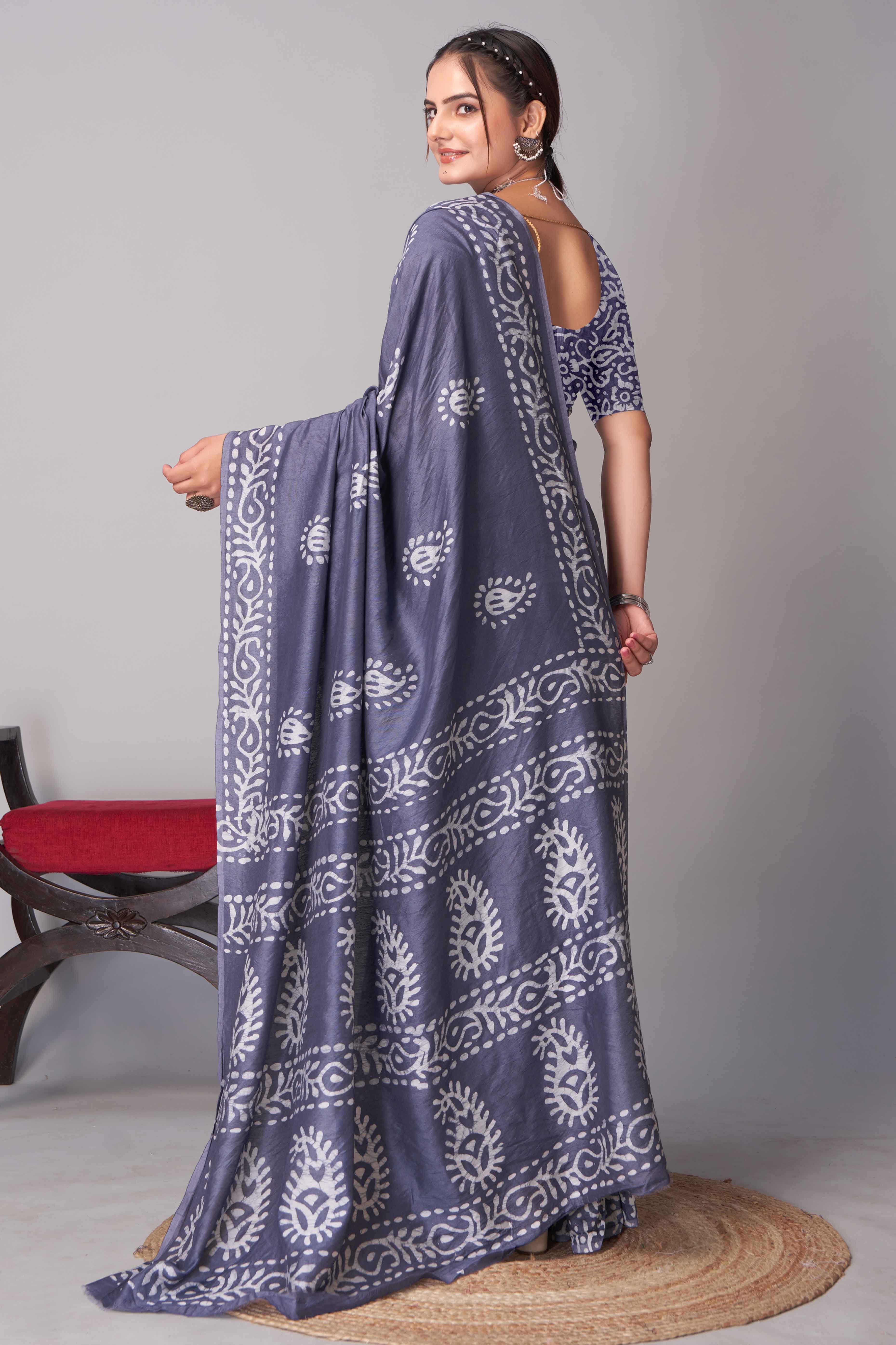 Grey Batik Printed Chanderi Cotton Silk Saree