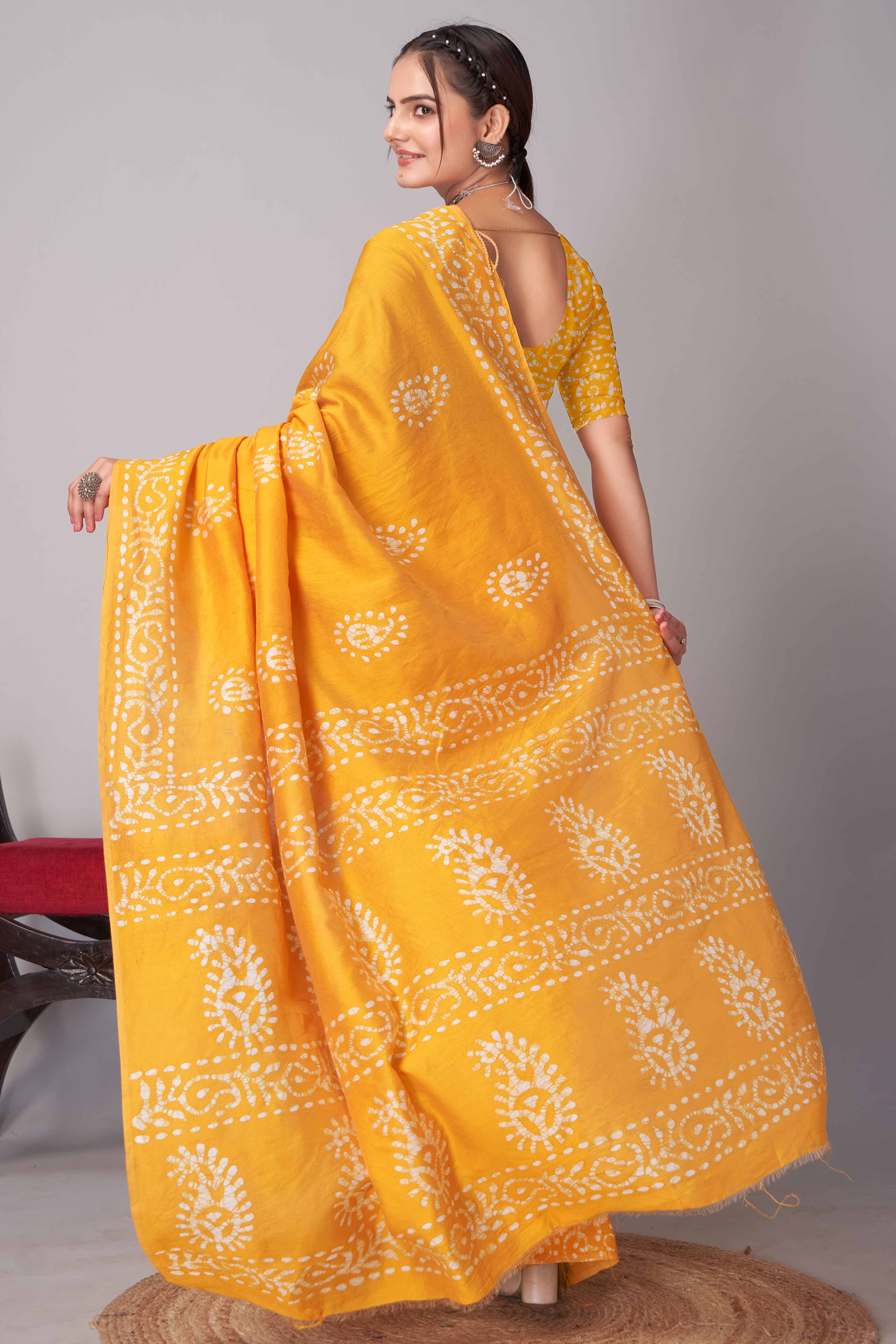 Yellow Batik Printed Chanderi Cotton Silk Saree