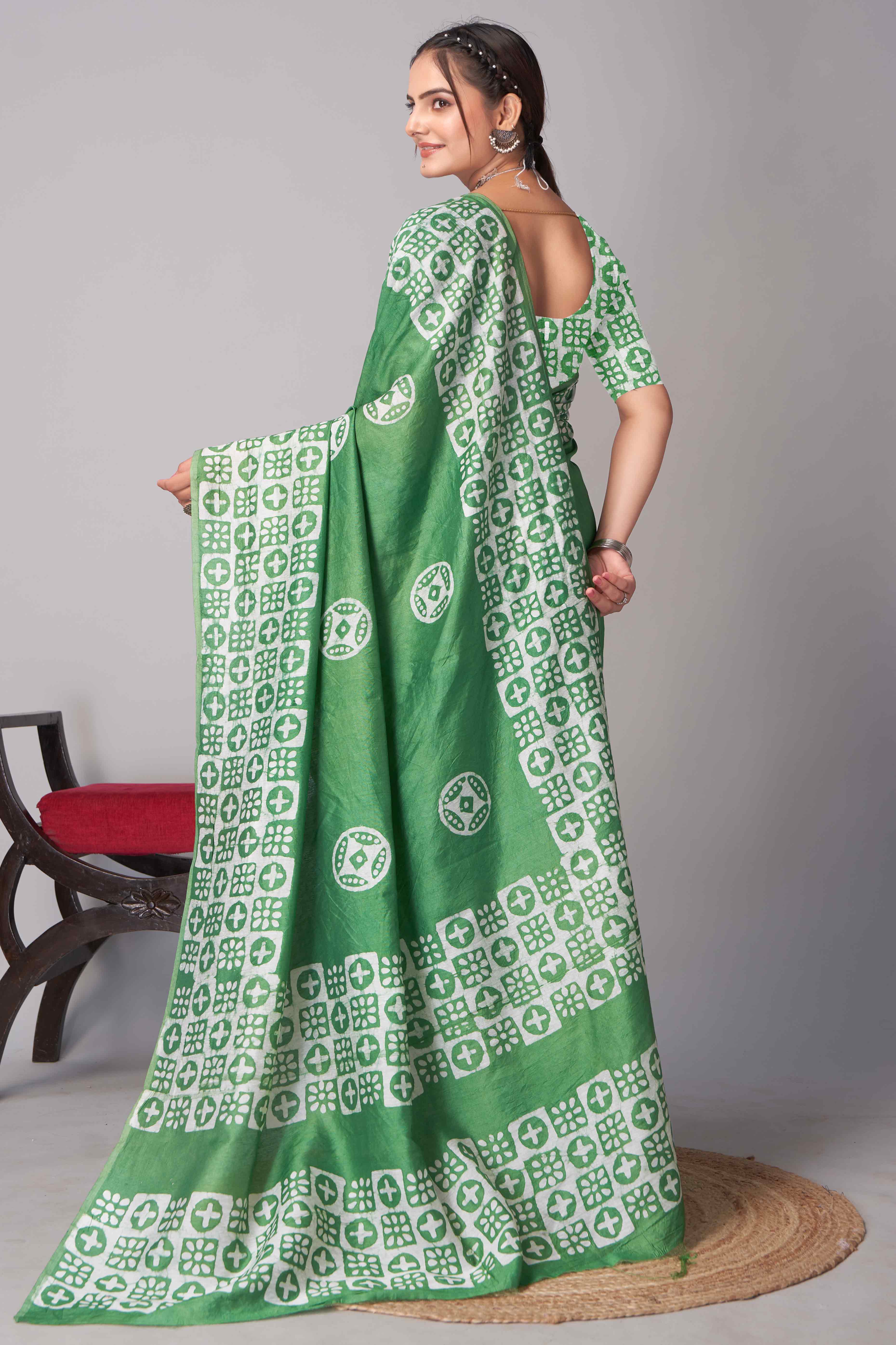 Green Batik Printed Chanderi Cotton Silk Saree