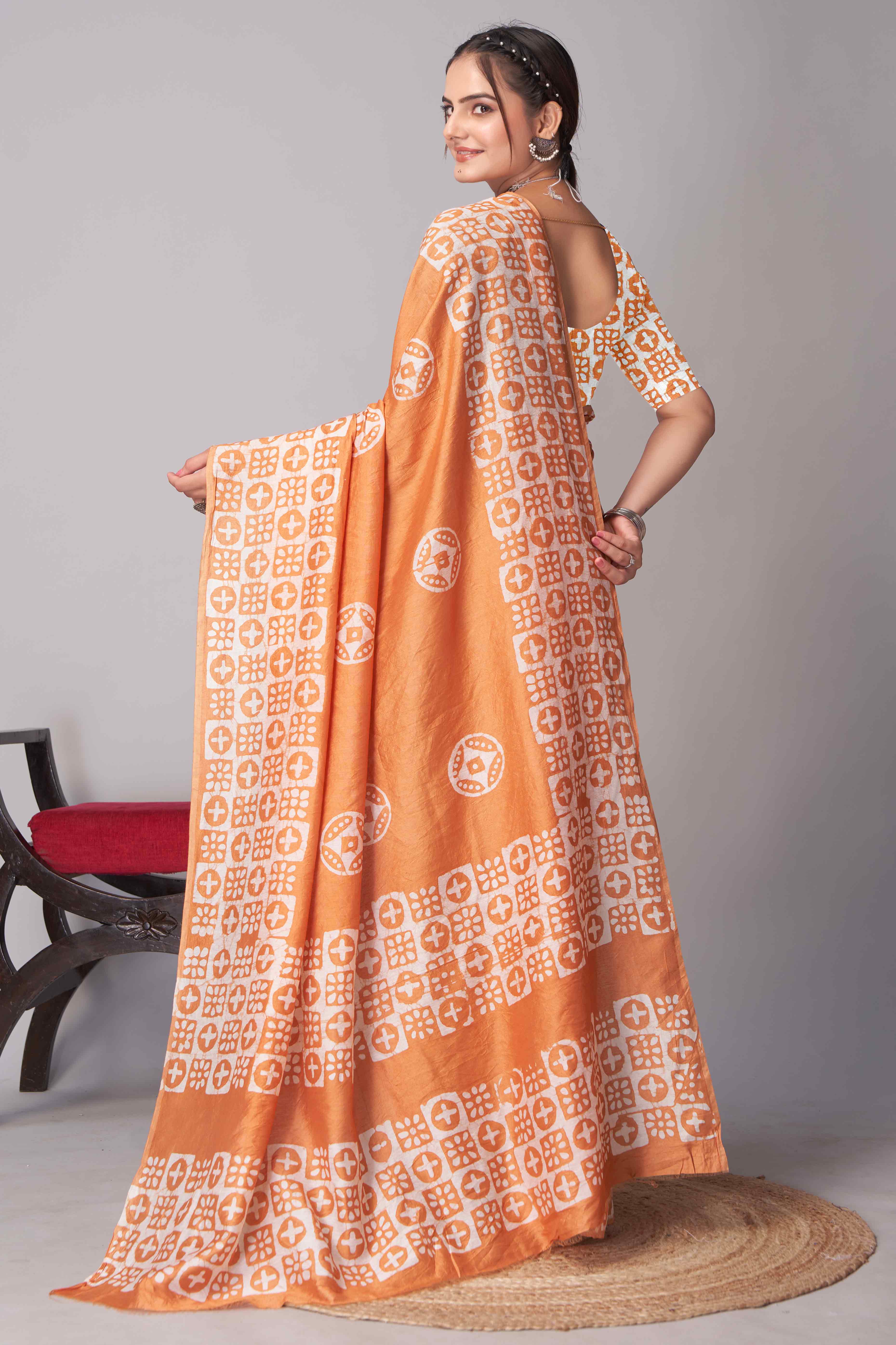Orange Batik Printed Chanderi Cotton Silk Saree