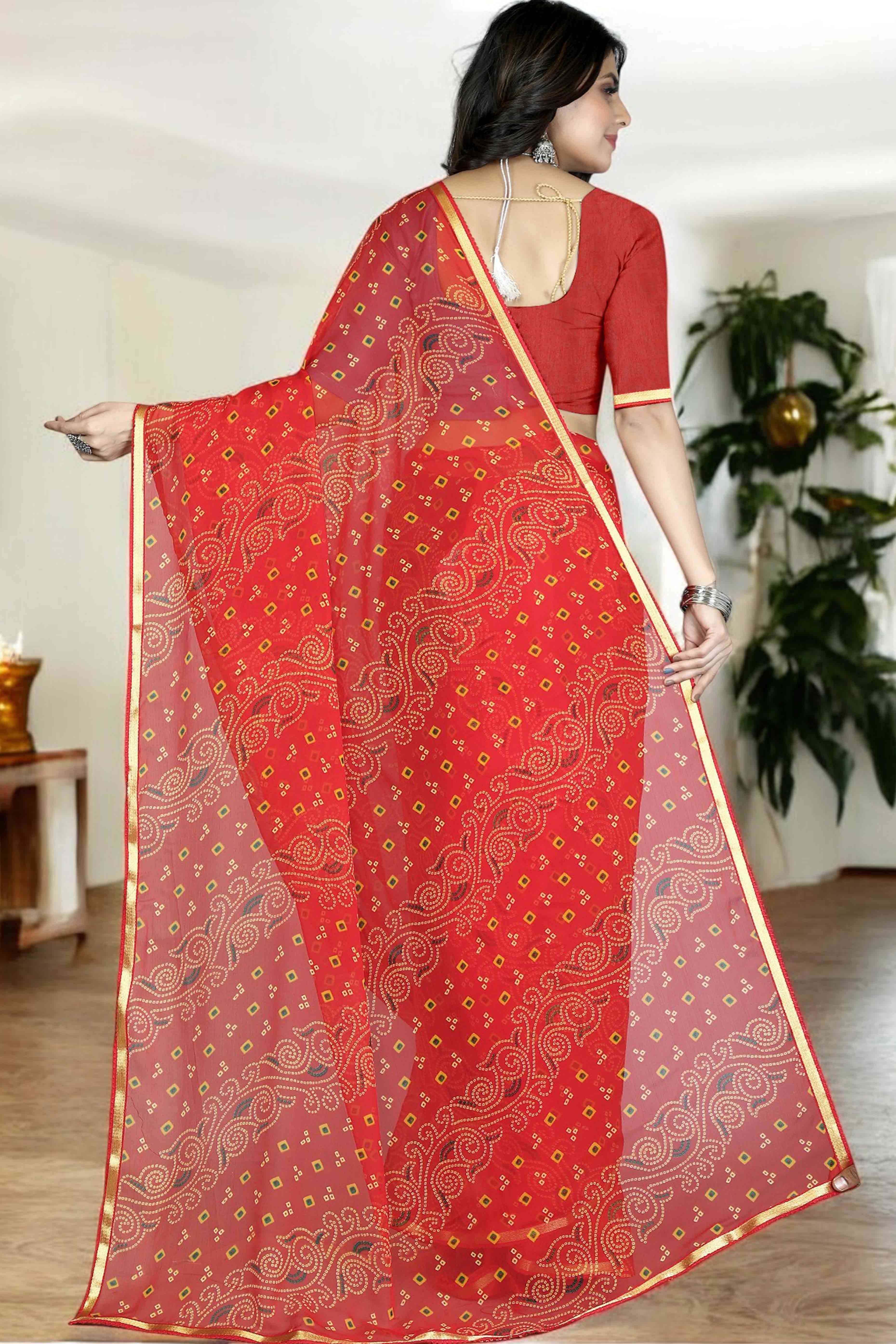 Red Bandhani Printed Chiffon Saree With Lace Border