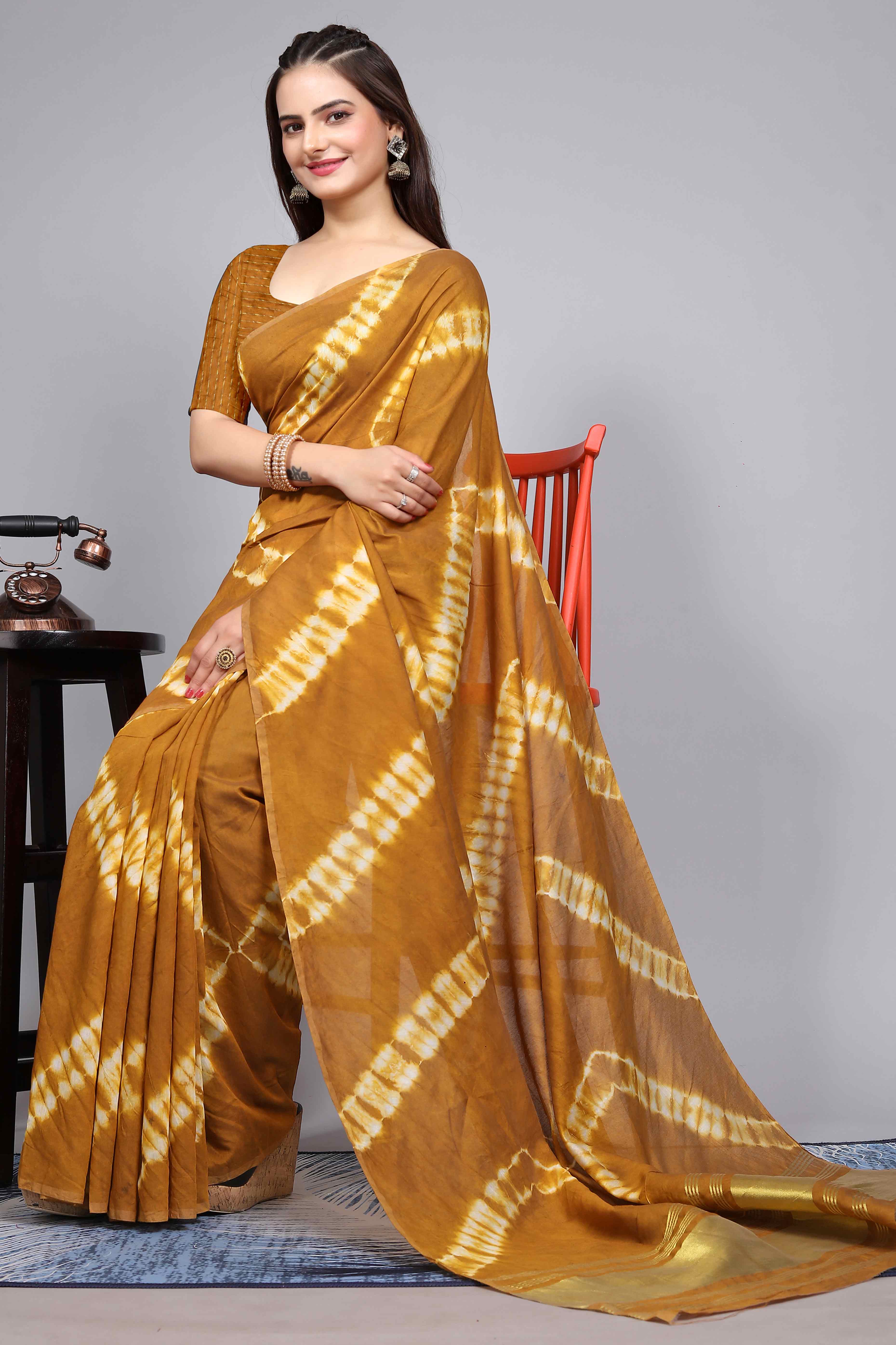 Mustard Shibori Leheriya Printed Chanderi Cotton Silk Lagdi Patta Saree