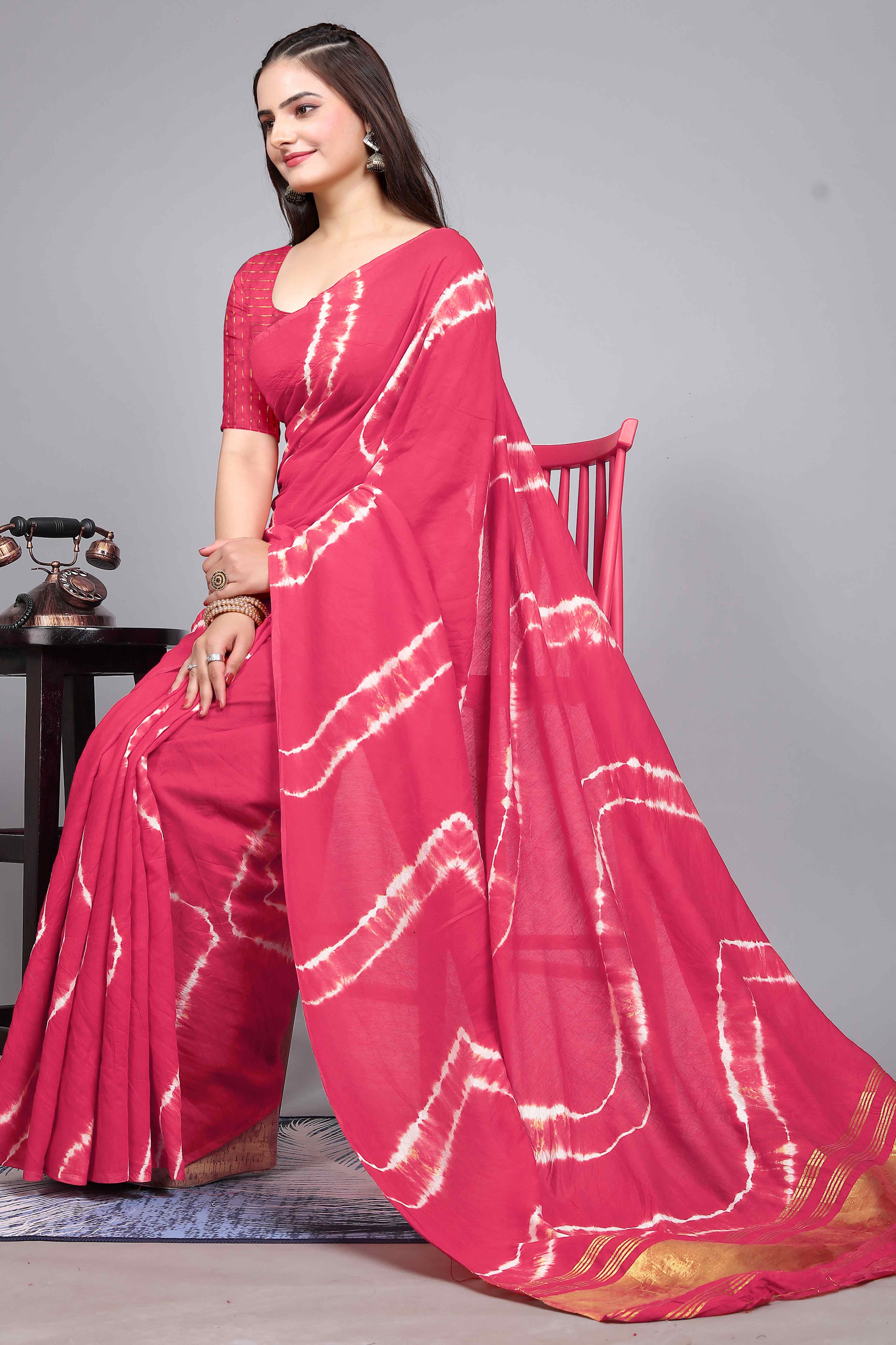 Pink Shibori Leheriya Printed Chanderi Cotton Silk Lagdi Patta Saree
