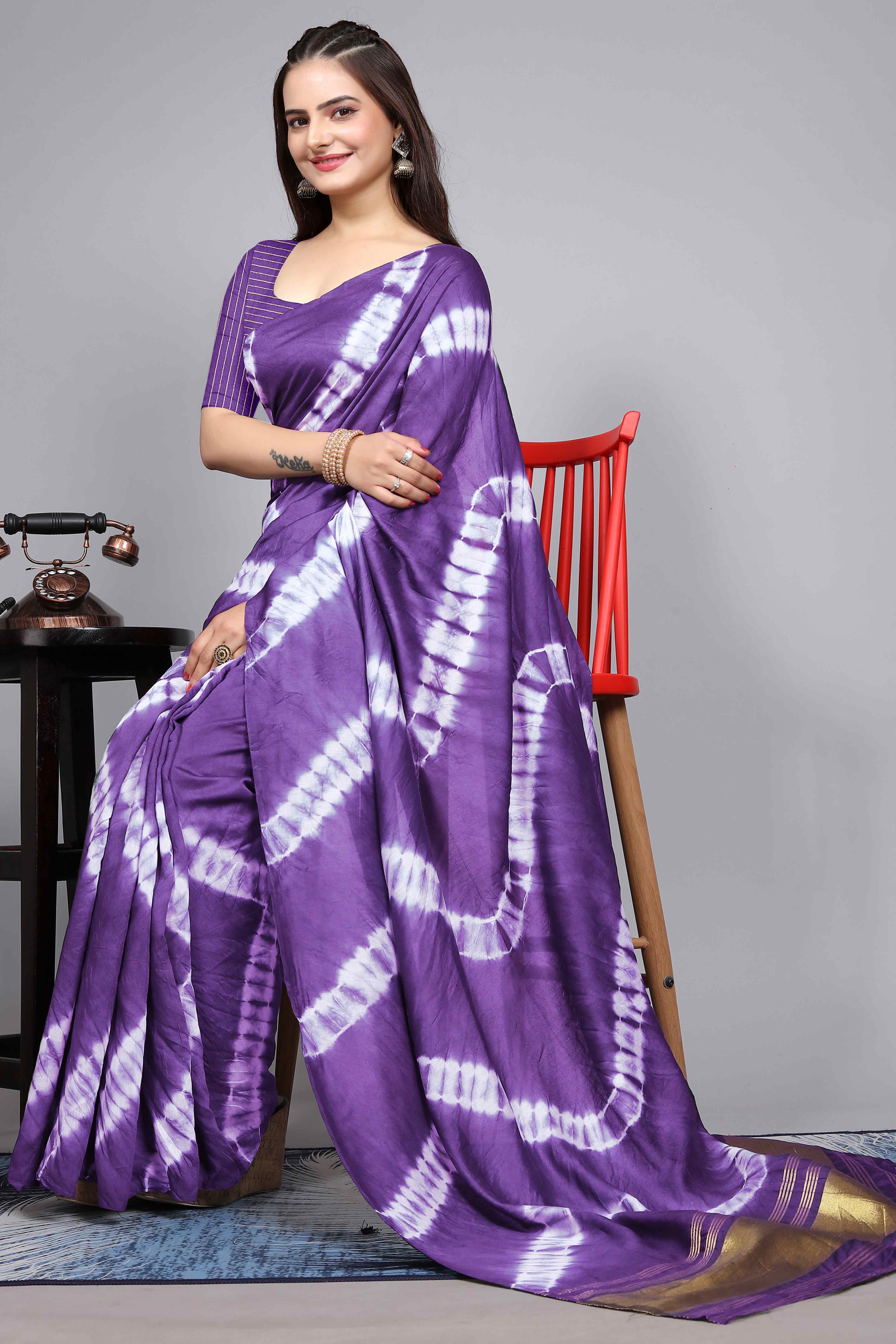 Lavender Shibori Leheriya Printed Chanderi Cotton Silk Lagdi Patta Saree