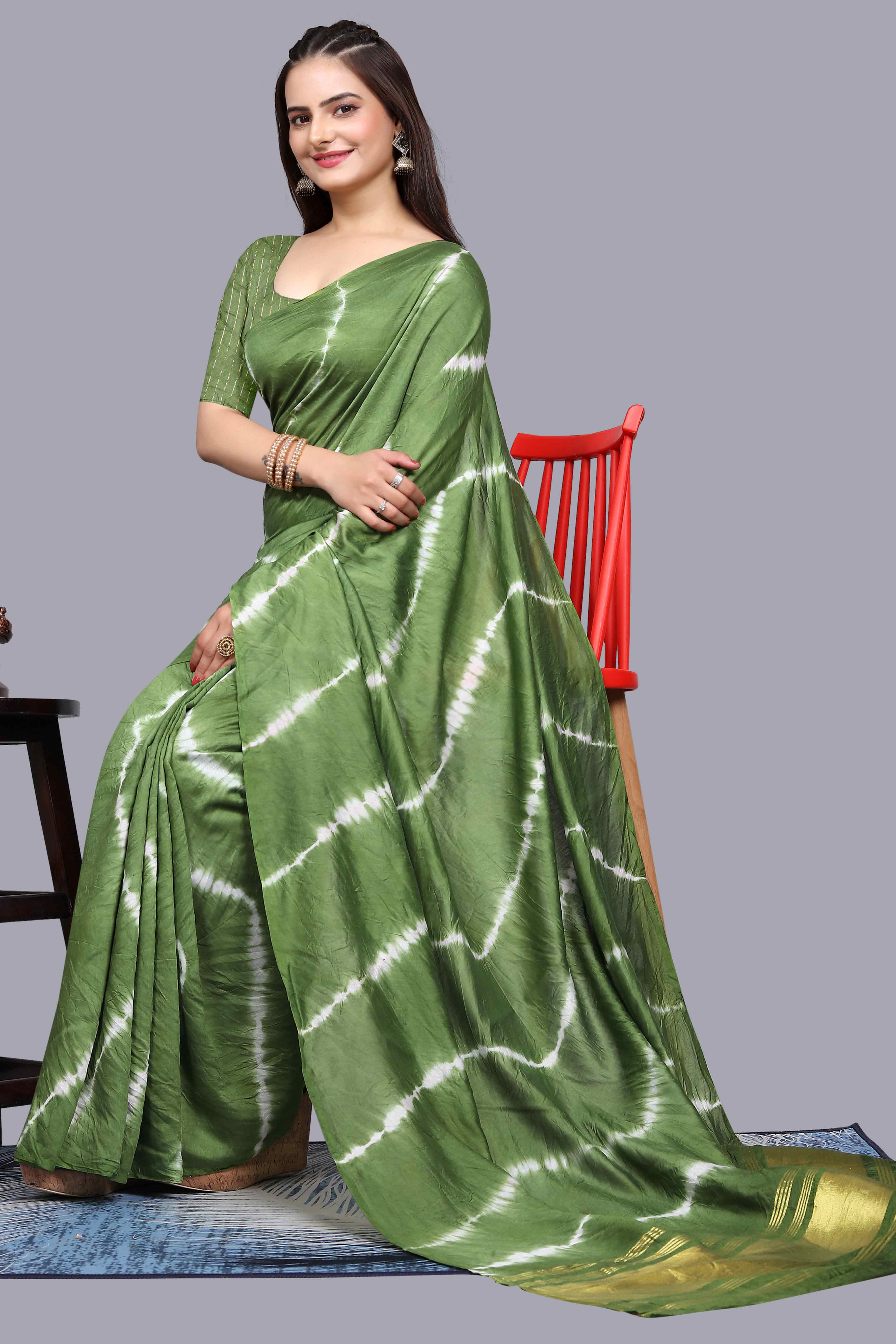Green Leheriya Printed Chanderi Cotton Silk Lagdi Patta Saree