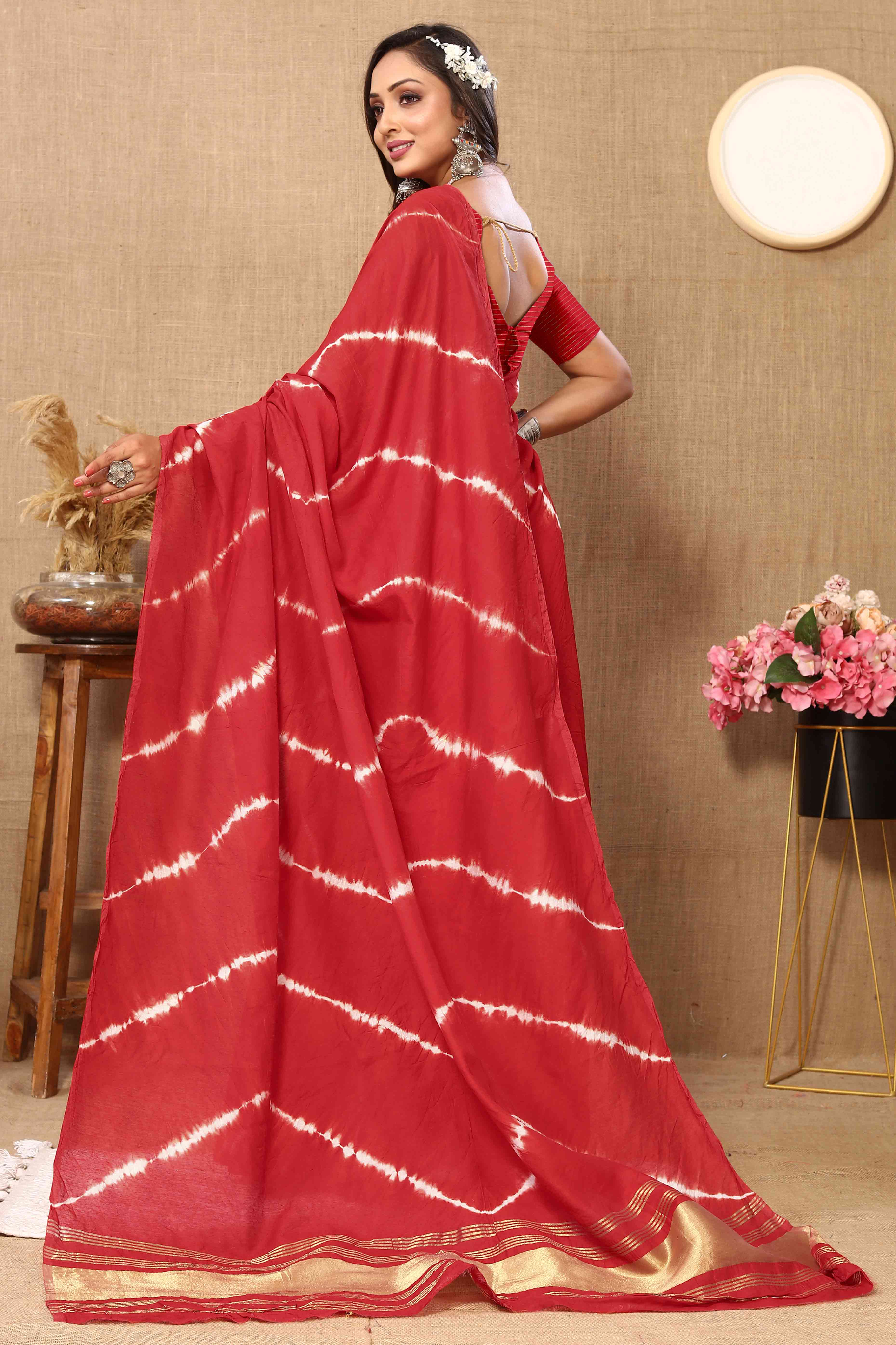 Red Leheriya Printed Chanderi Cotton Silk Lagdi Patta Saree