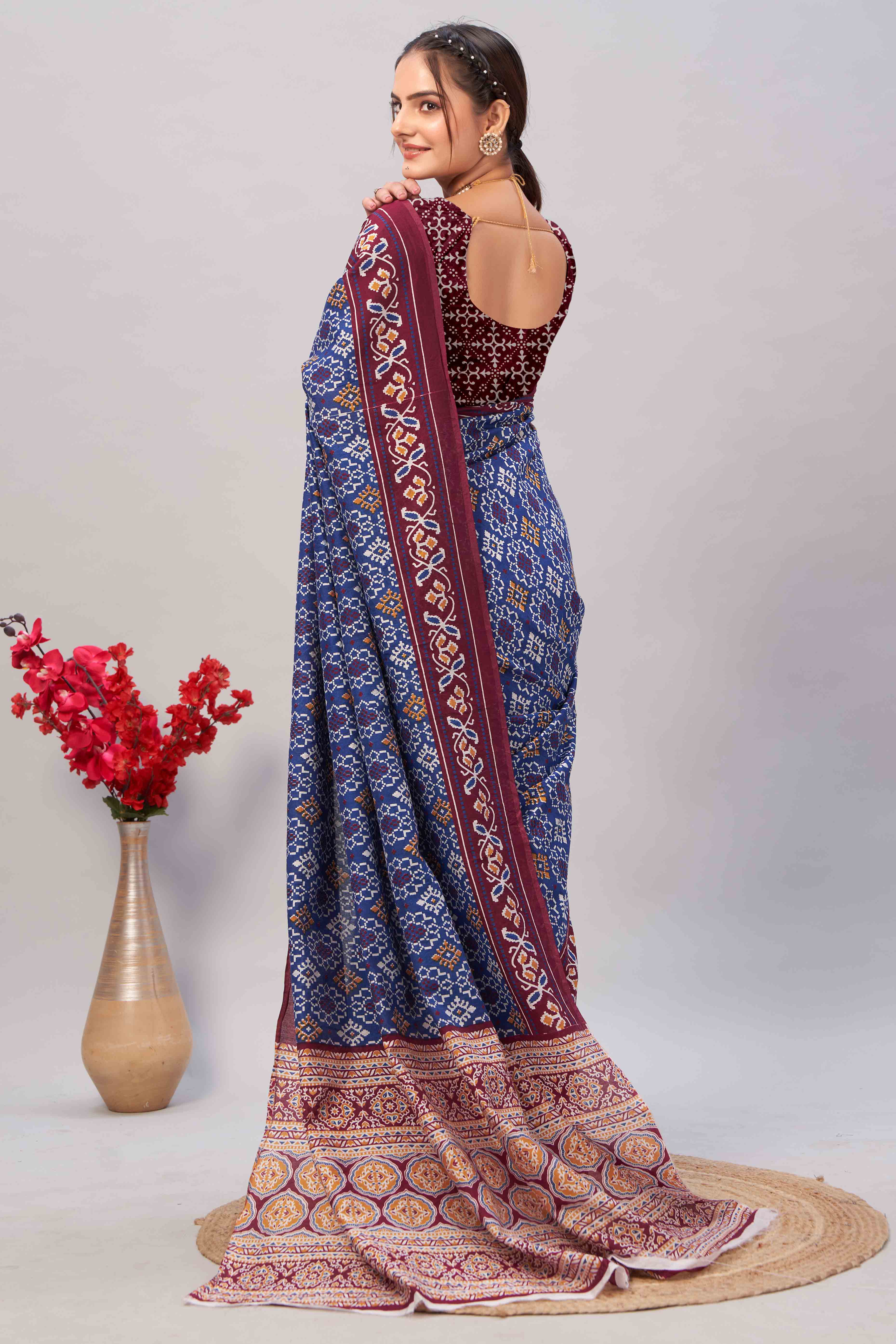 Blue Ajrakh Printed Cotton Blend Saree