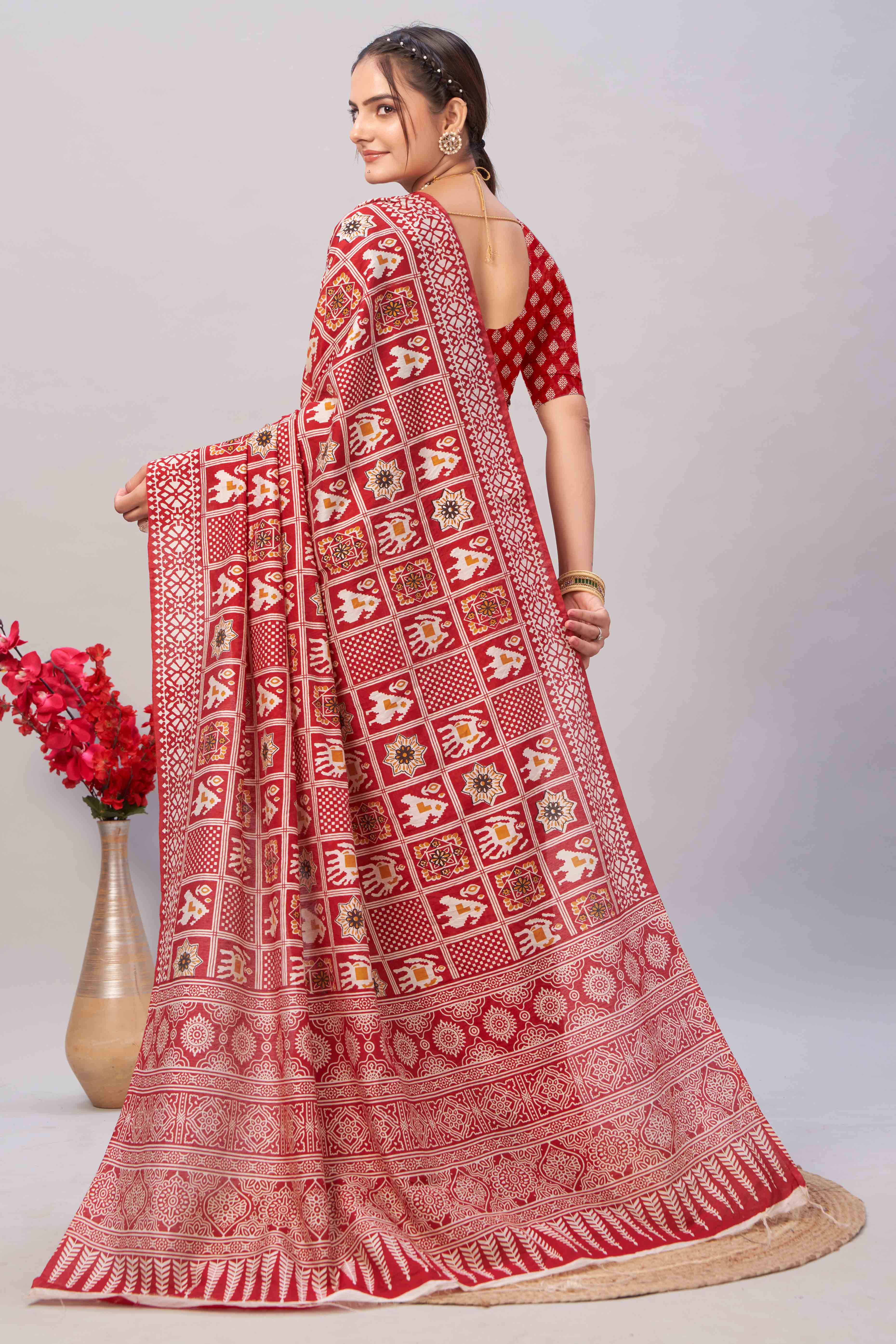 Red Ajrakh Printed Cotton Blend Saree