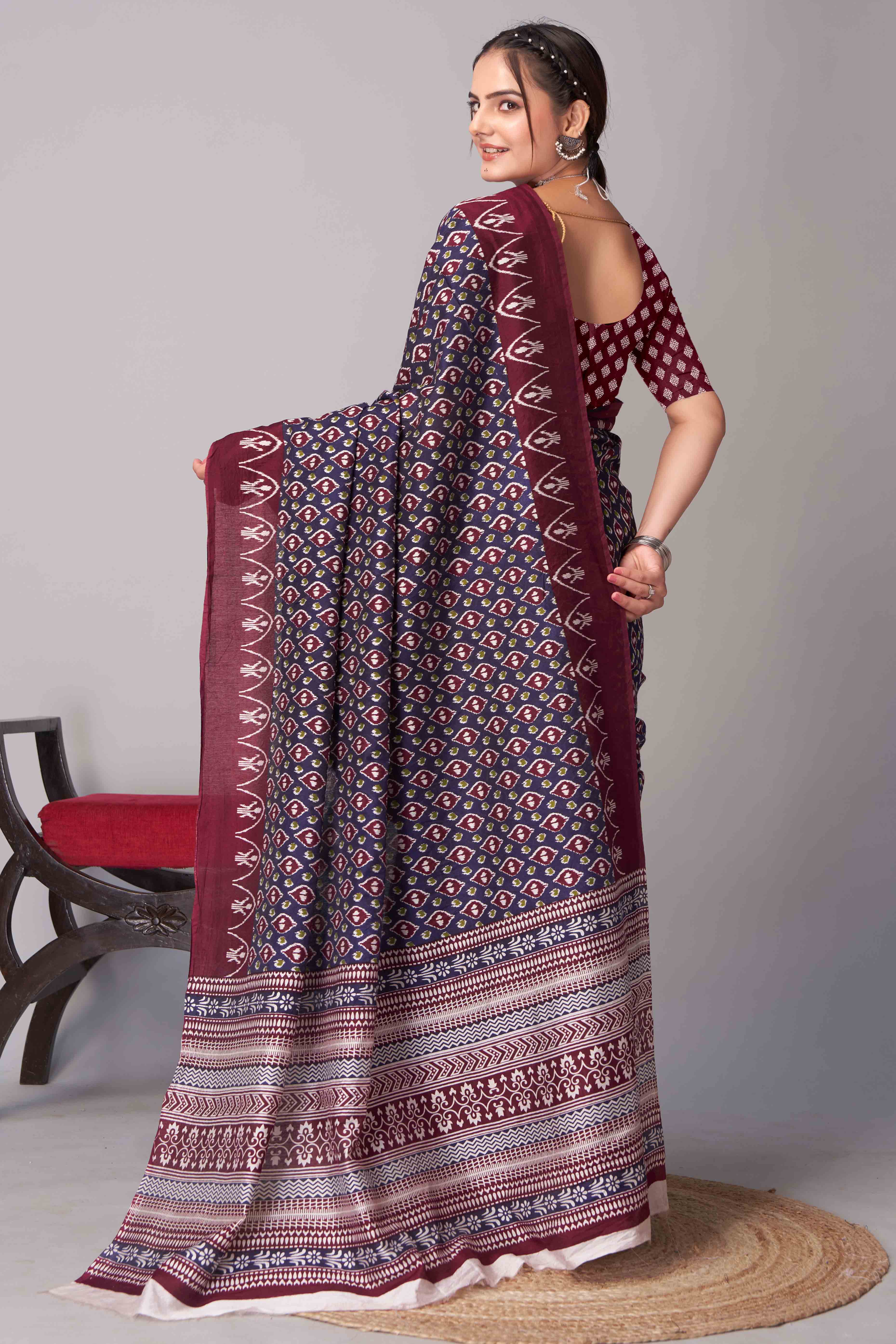 Blue & Maroon Ajrakh Printed Cotton Blend Saree