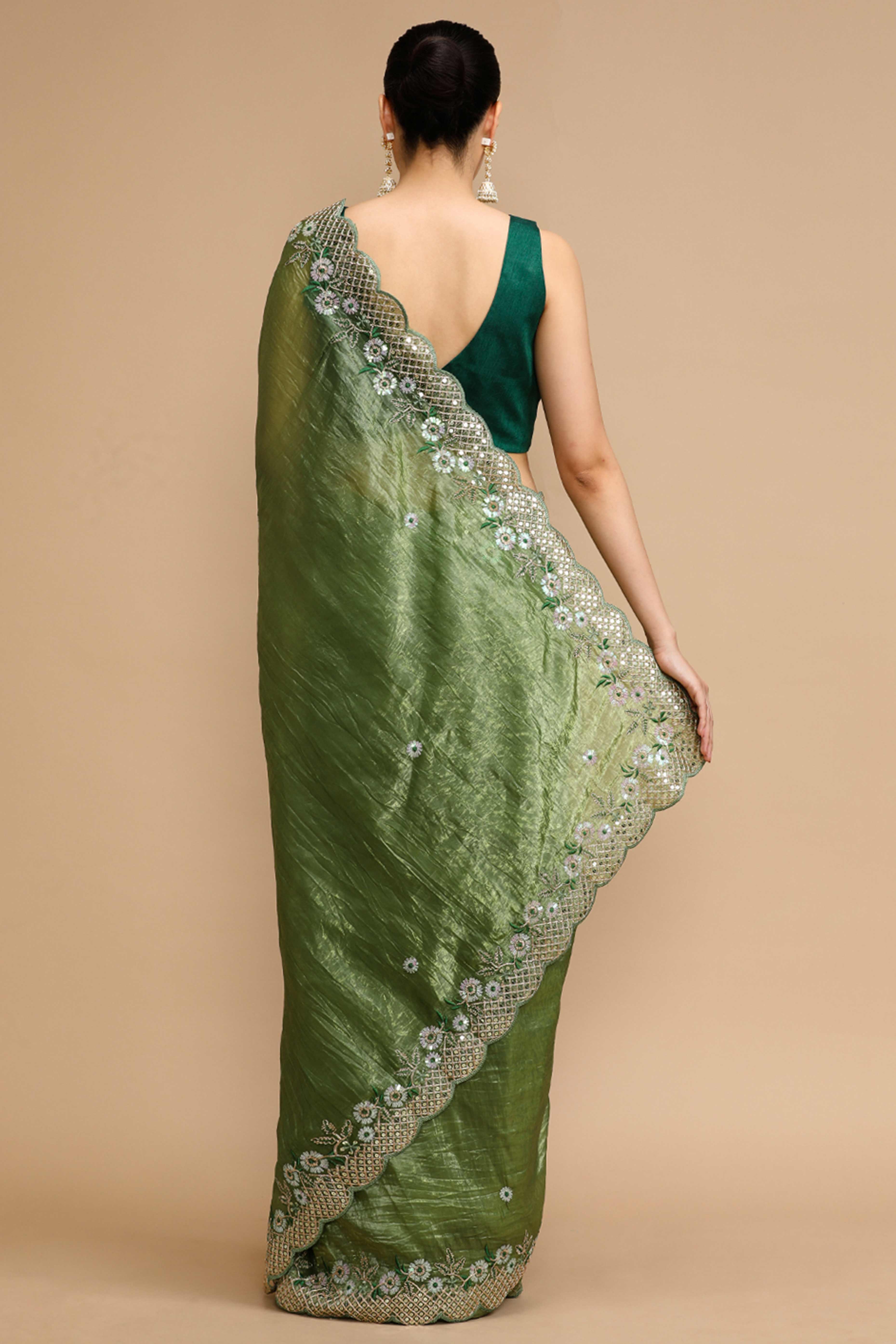 Forest Green Floral Design Art Silk Saree with Glittering Sequins Embroidery