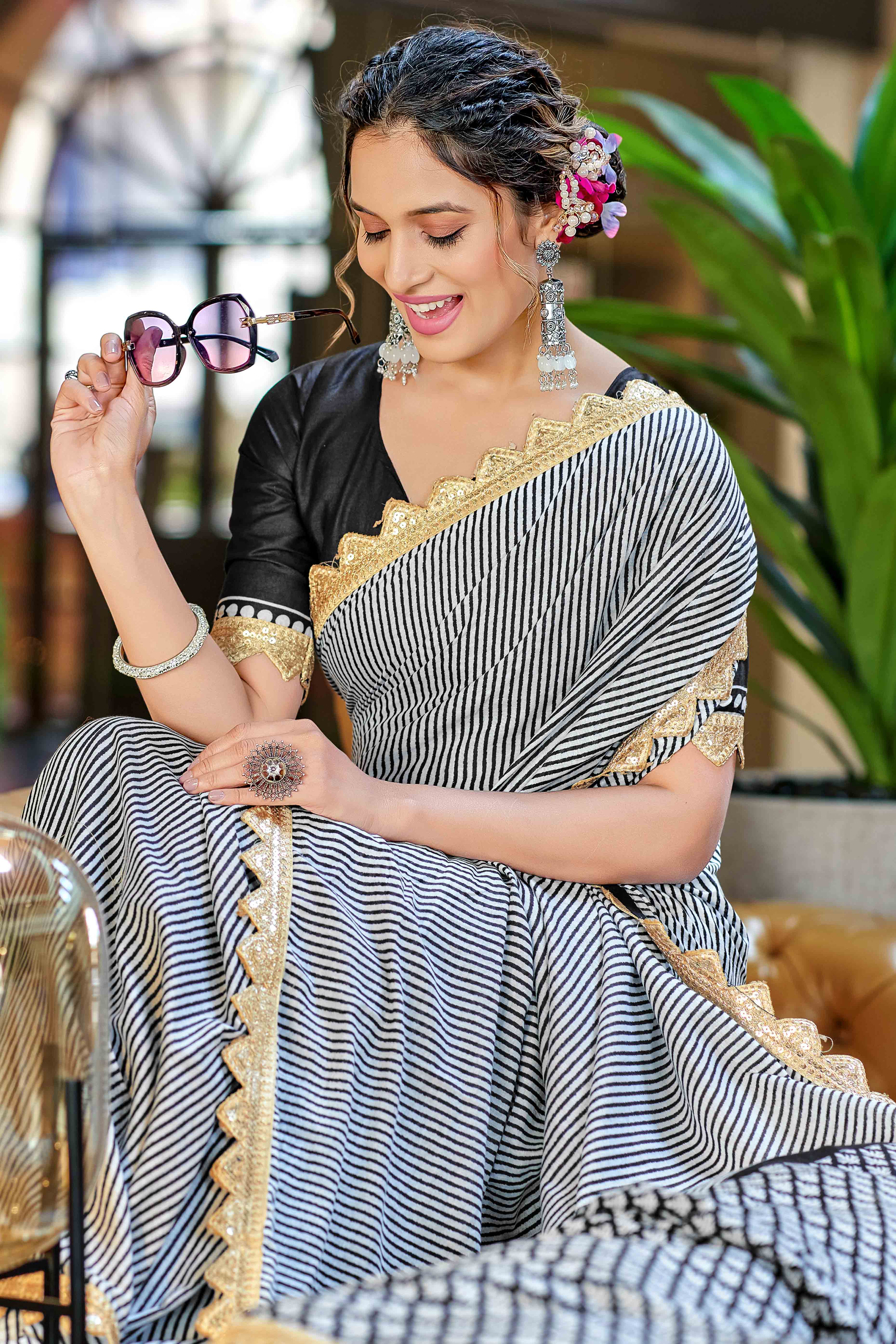 Office-Ready Black & White Mulmul Saree with Print and Embroidery Border