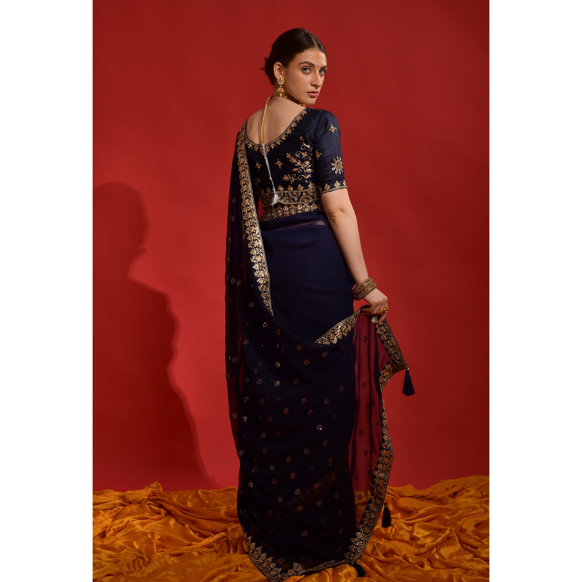 Navy Blue Sequins Embroidered Georgette Saree