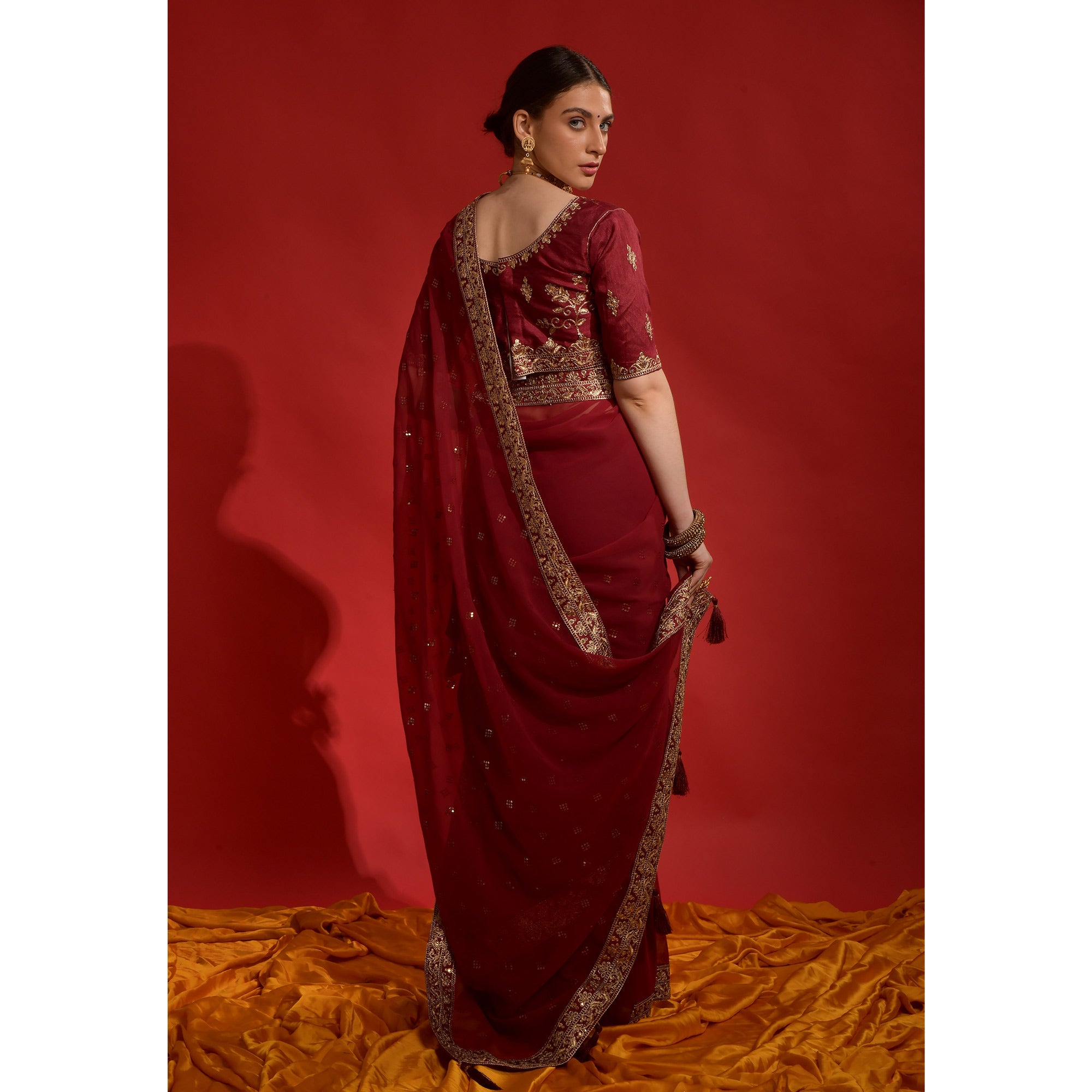 Maroon Sequins Embroidered Georgette Saree