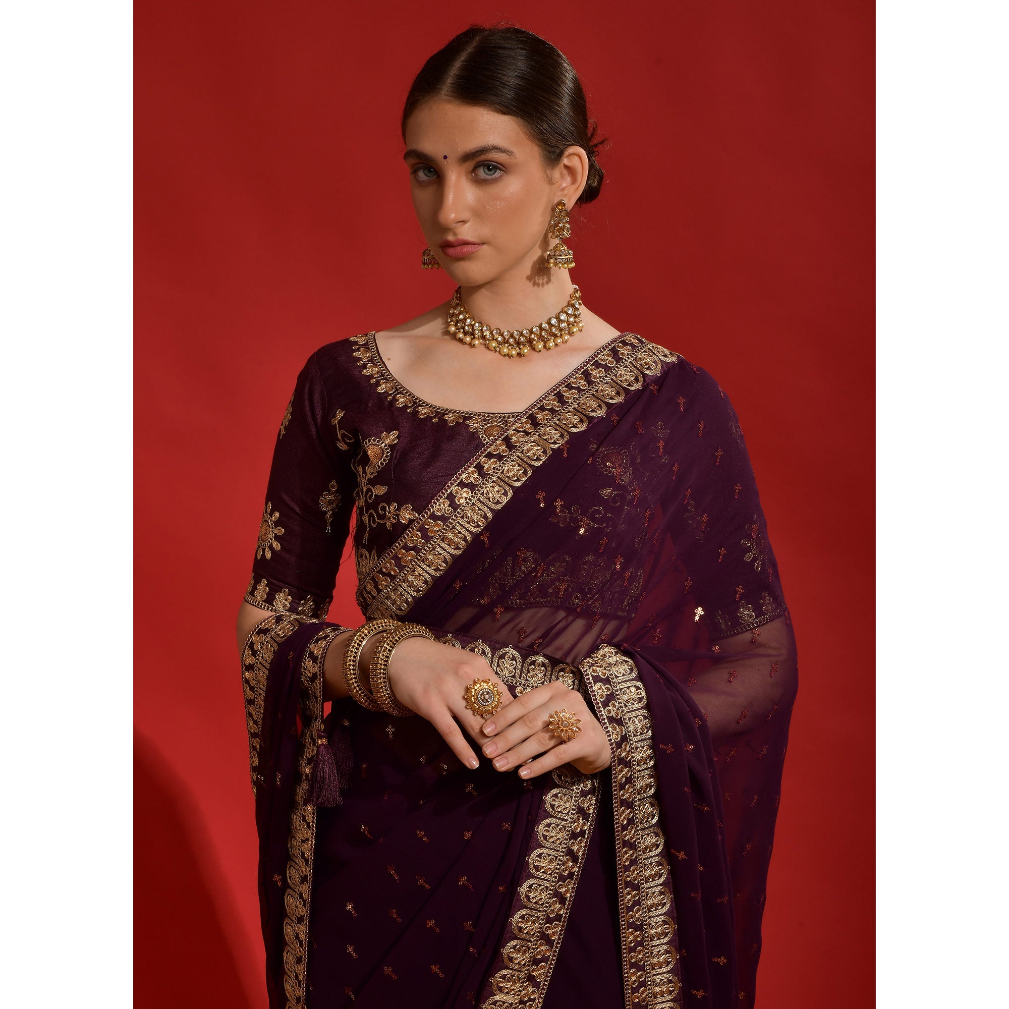 Wine Sequins Embroidered Georgette Saree