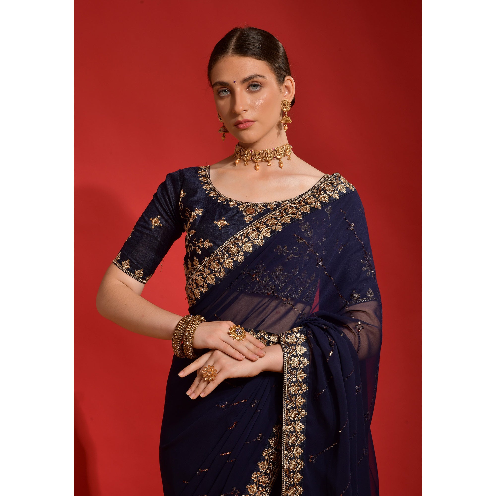 Navy Blue Sequins Embroidered Georgette Saree