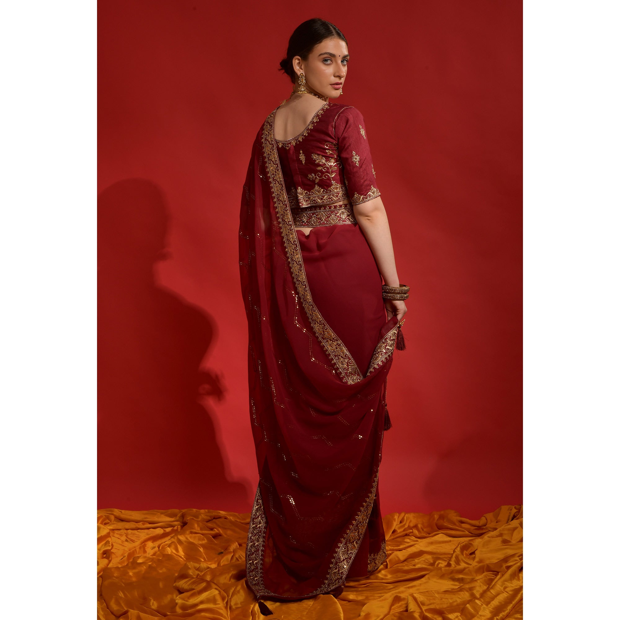 Maroon Sequins Embroidered Georgette Saree