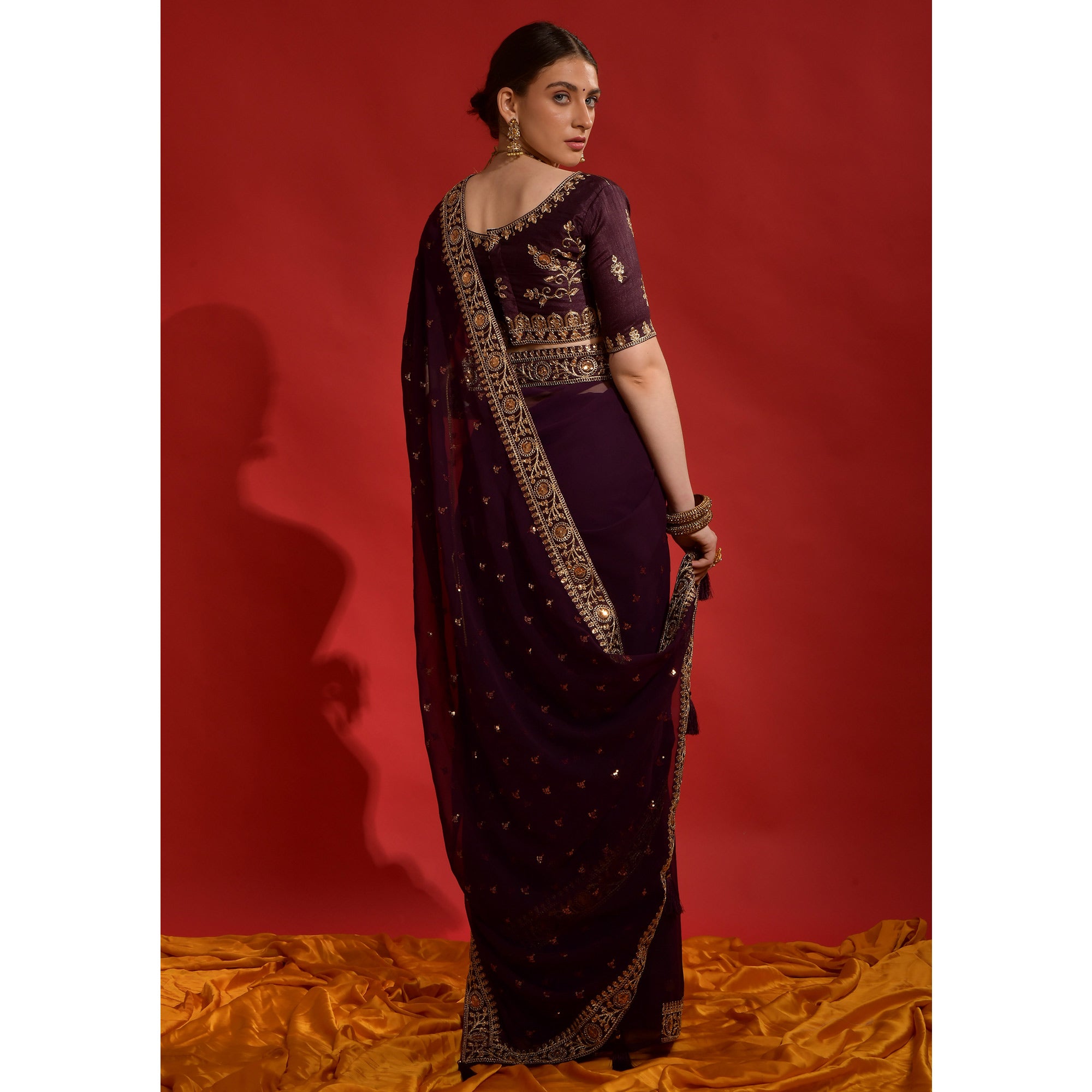 Wine Sequins Embroidered Georgette Saree