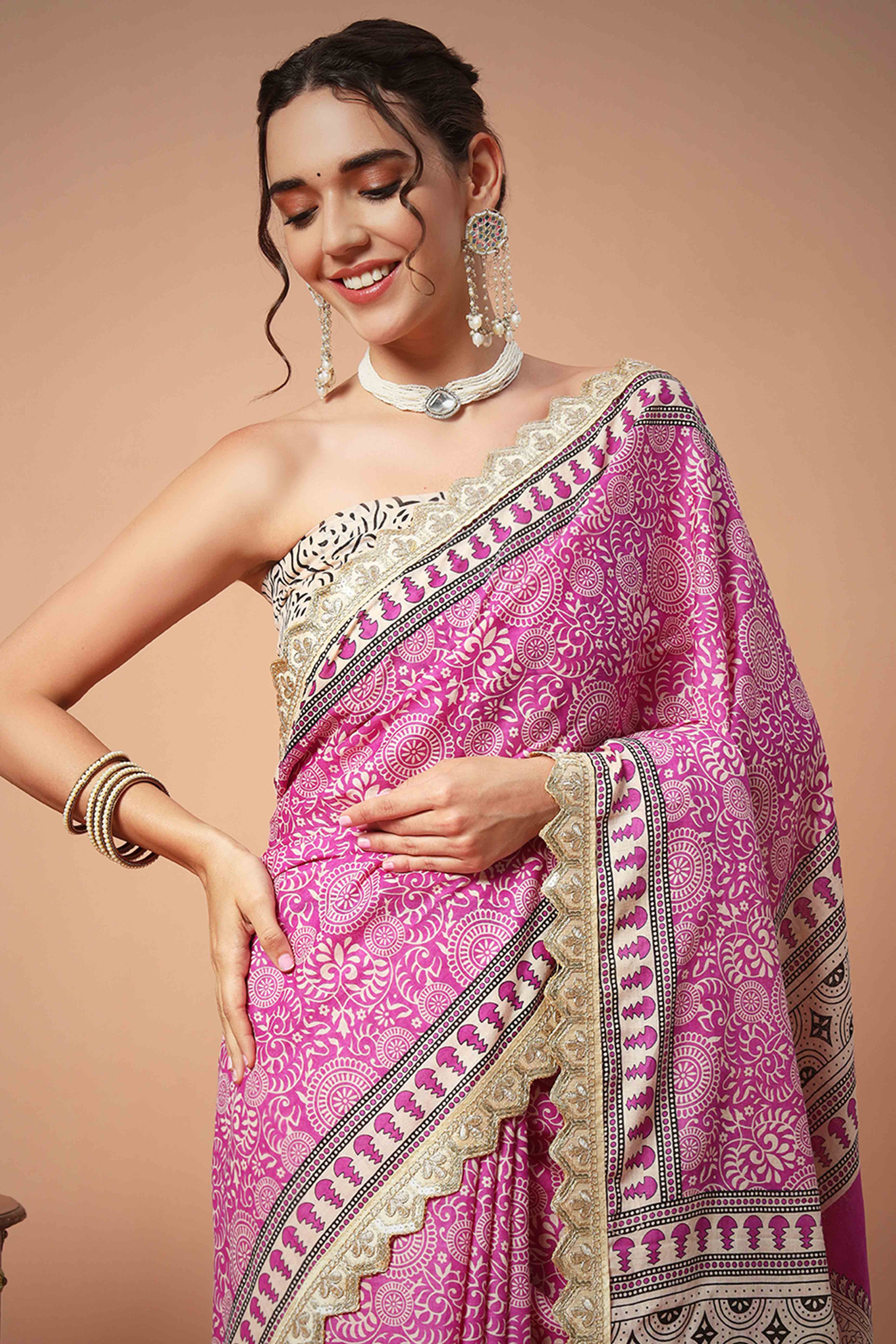 Cream Mulmul Cotton Saree with Traditional Ajrakh Block Prints