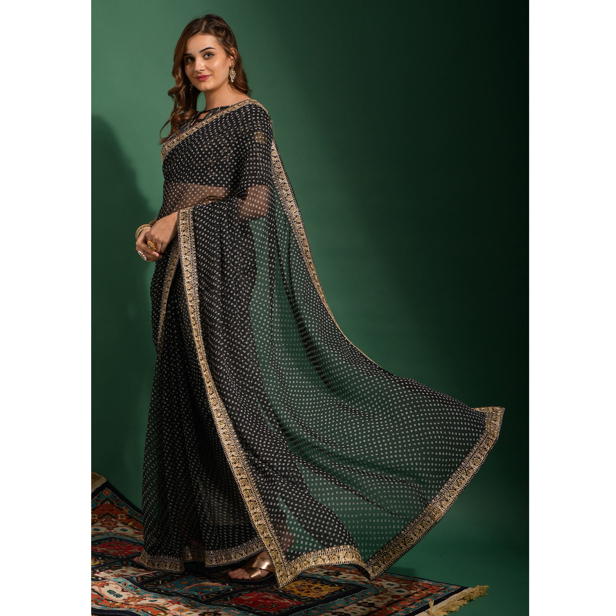 Black Bandhani Printed Georgette Saree With Embroidered Border