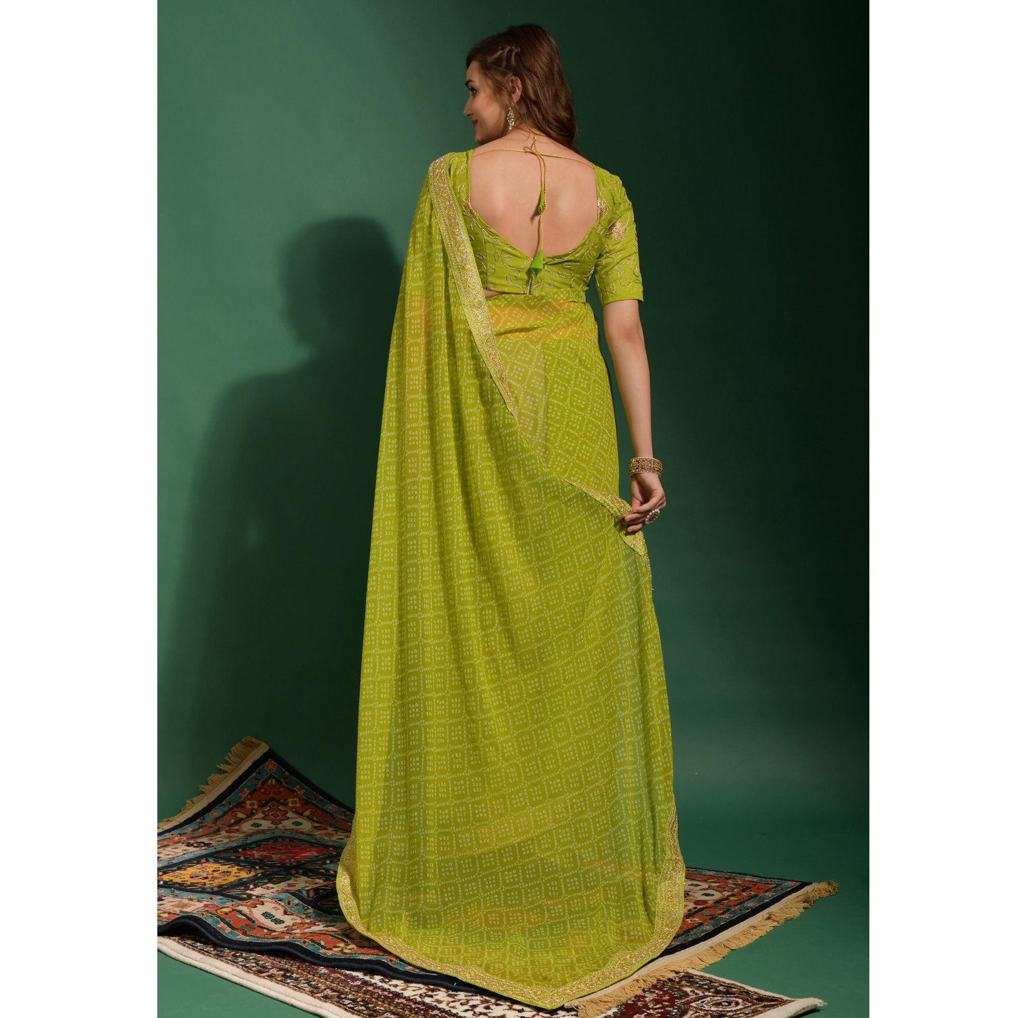Parrot Green Bandhani Printed Georgette Saree With Embroidered Border