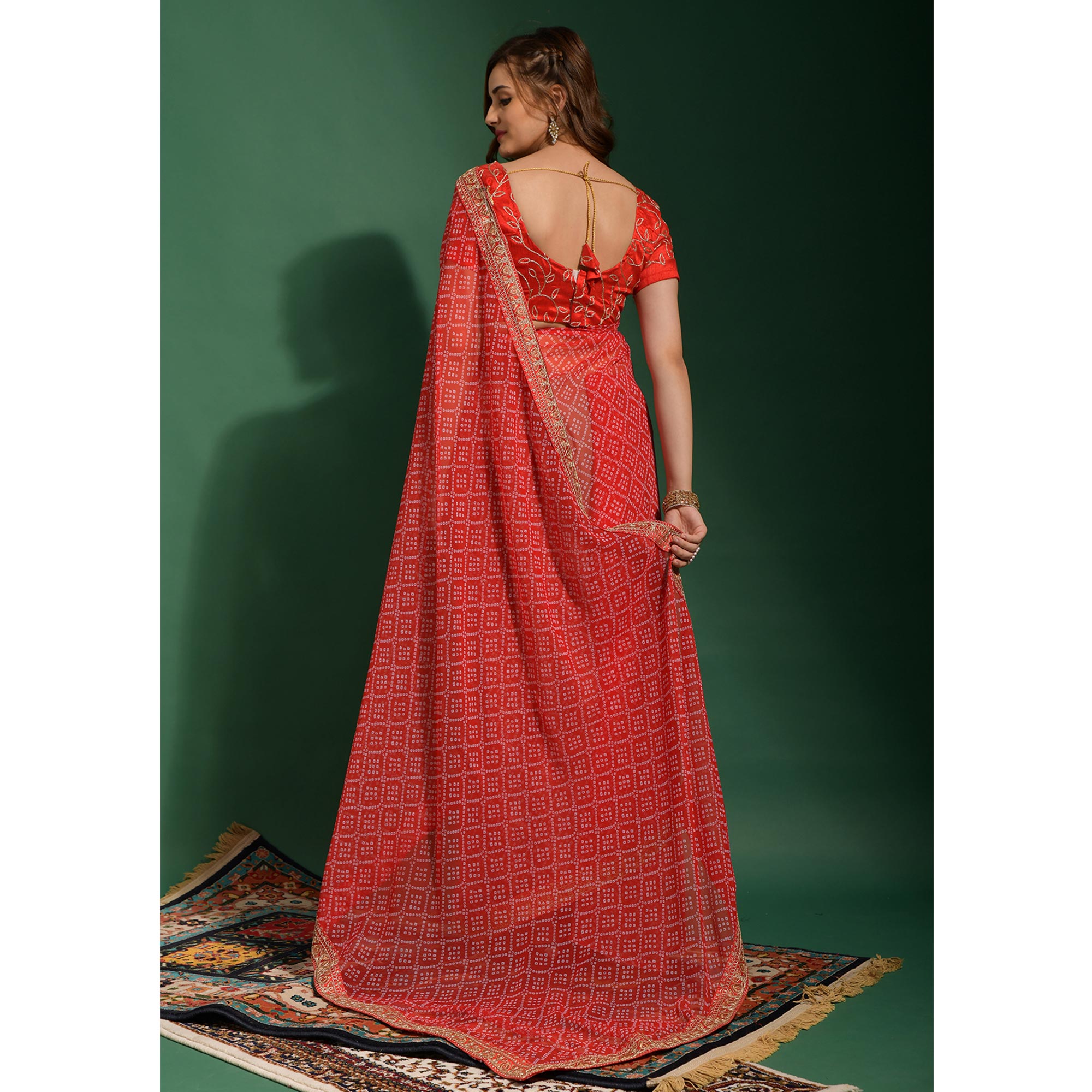 Red Bandhani Printed Georgette Saree With Embroidered Border