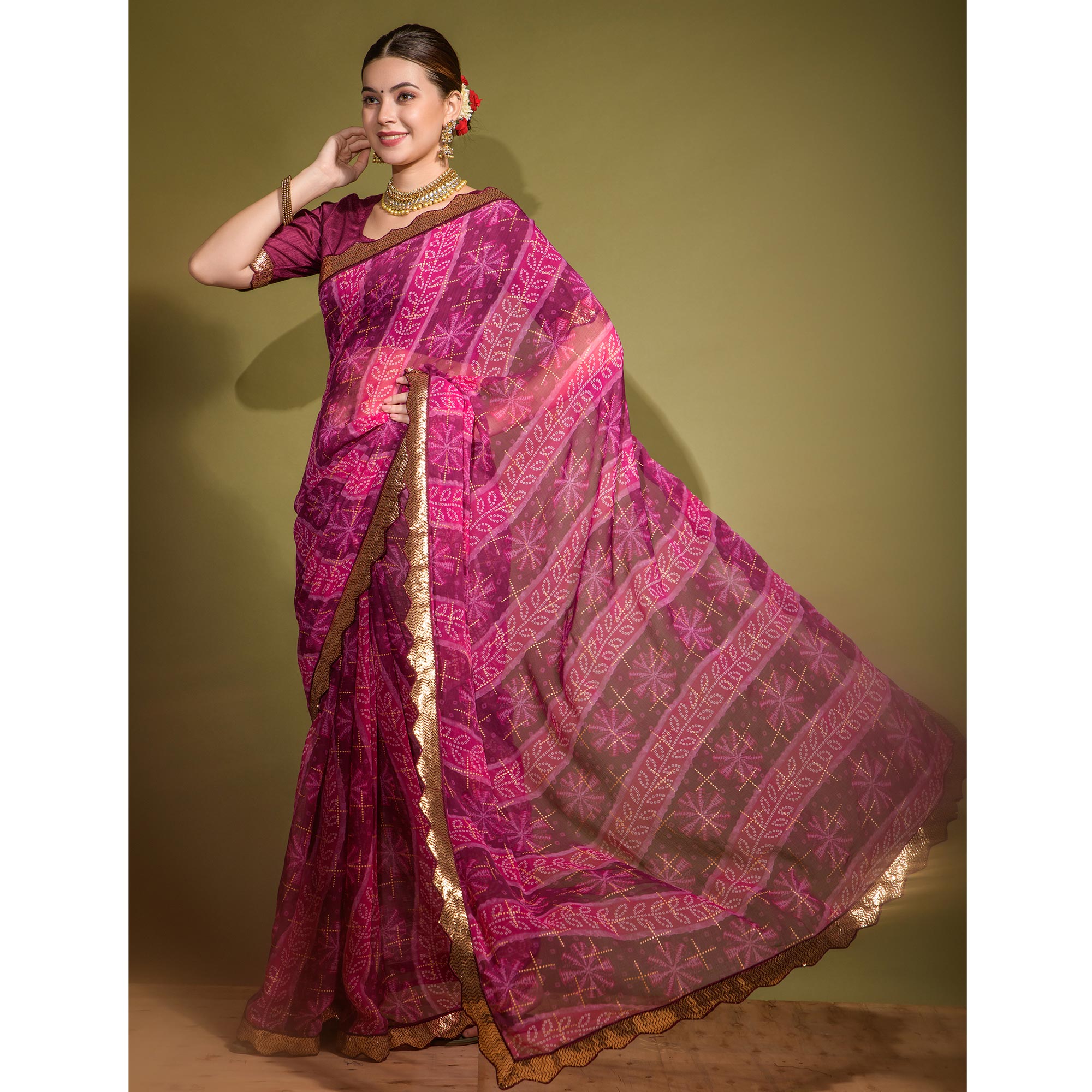 Pink Bandhani Foil Printed Georgette Saree With Embroidered Border