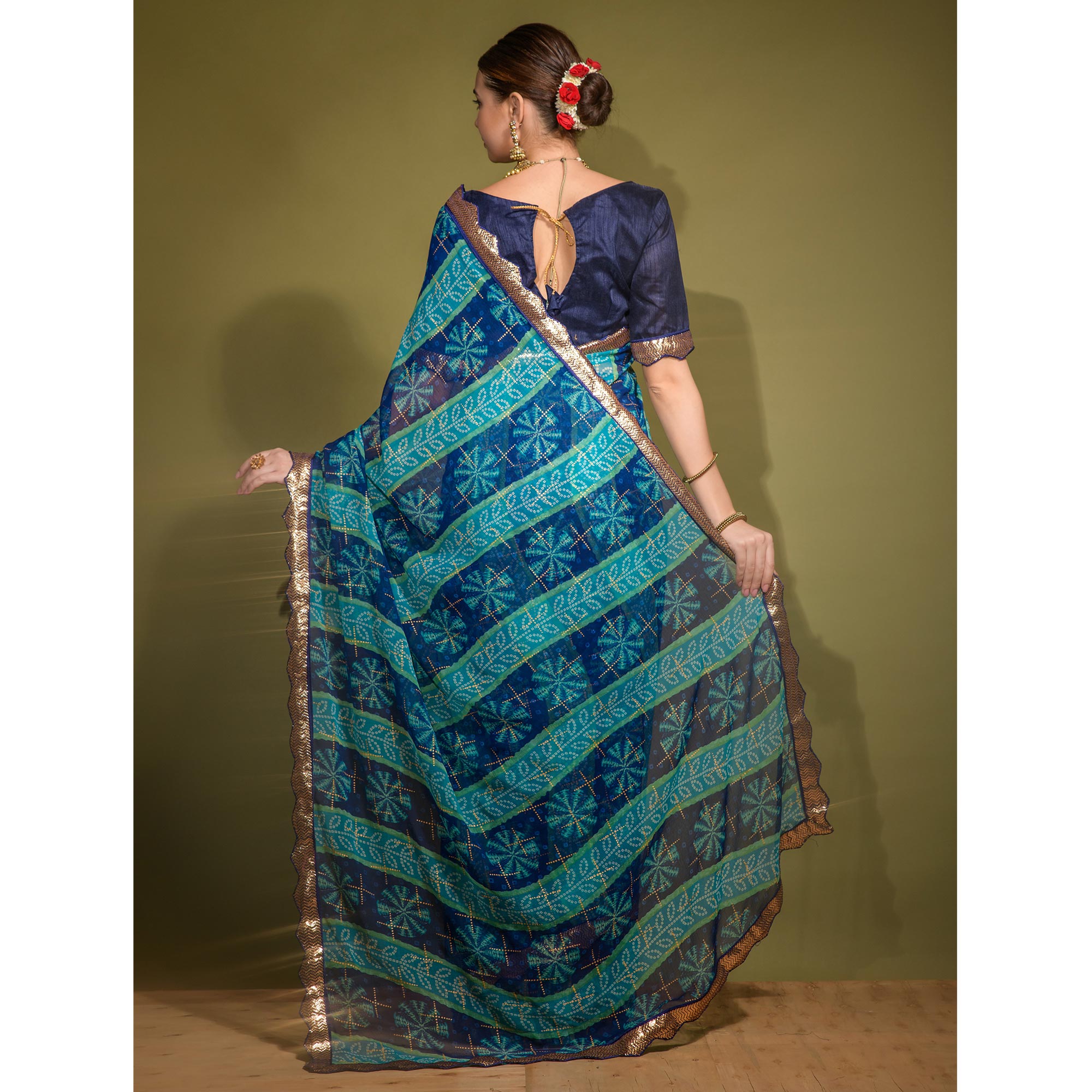 Blue Bandhani Foil Printed Georgette Saree With Embroidered Border