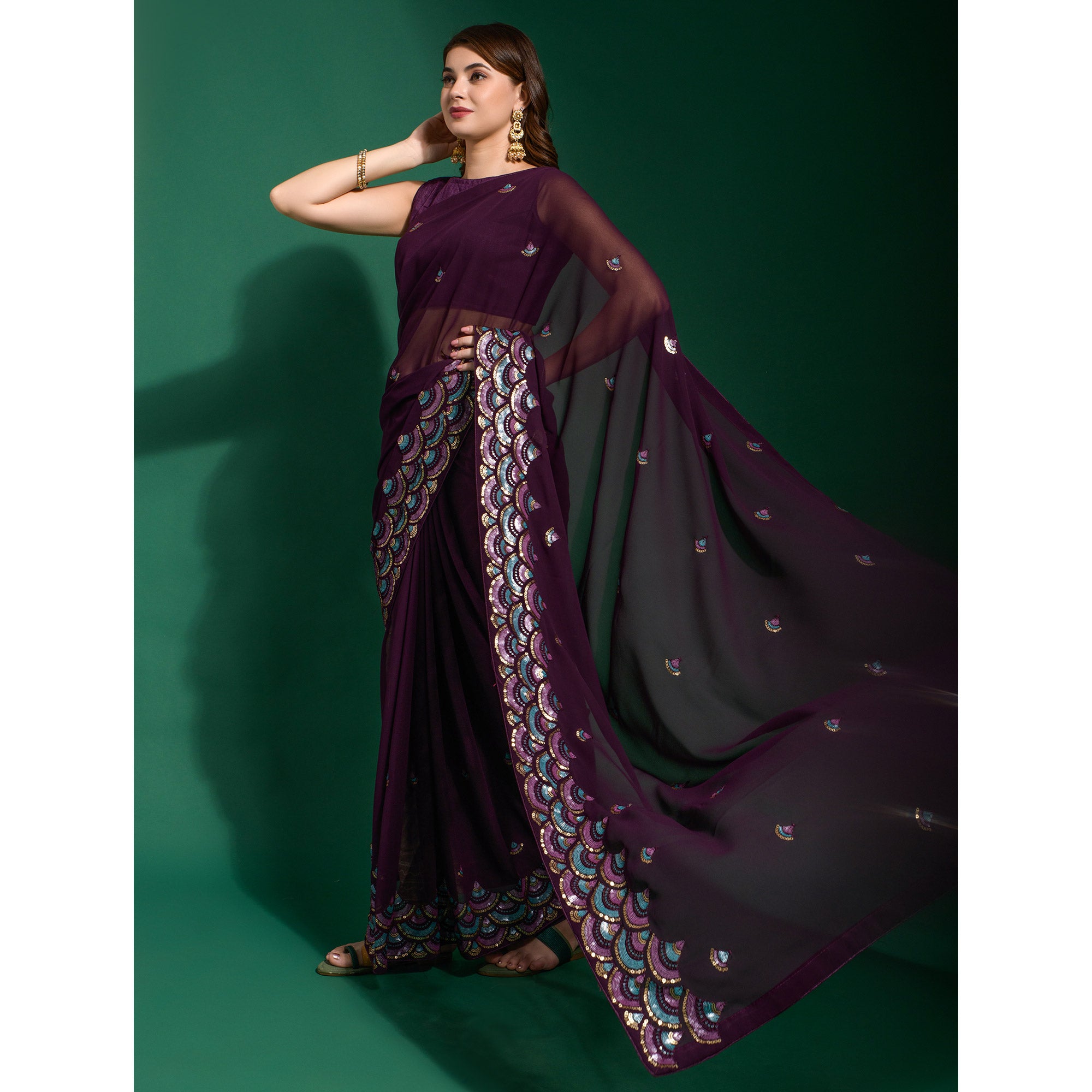 Wine Sequins Embroidered Georgette Saree