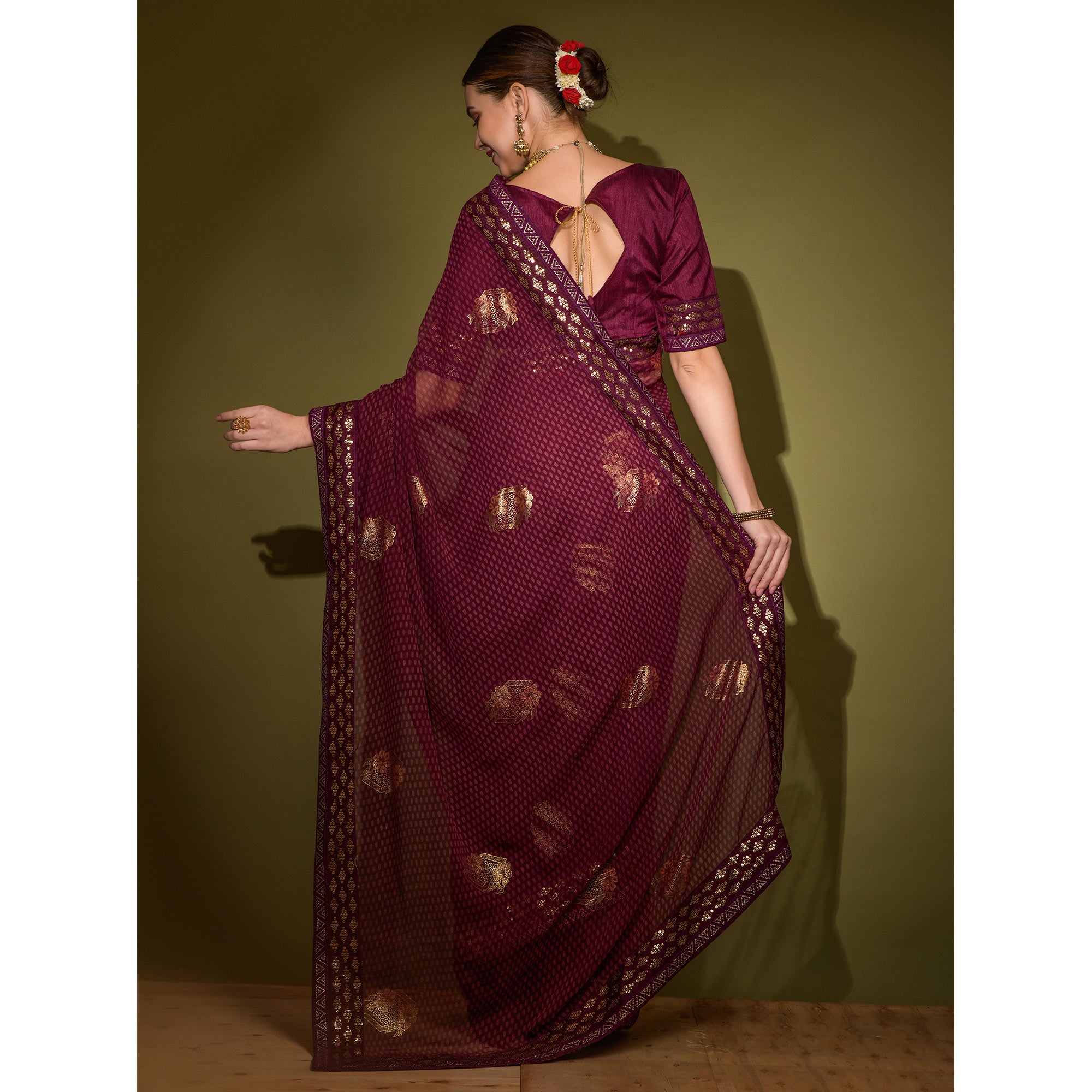 Wine Foil Printed Georgette Saree