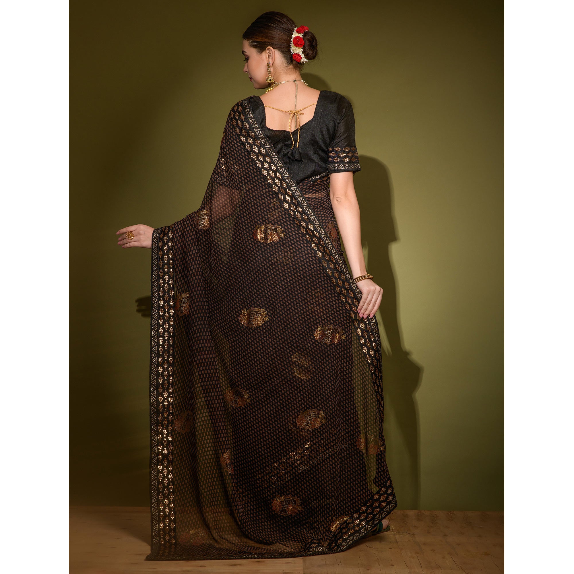 Black Foil Printed Georgette Saree