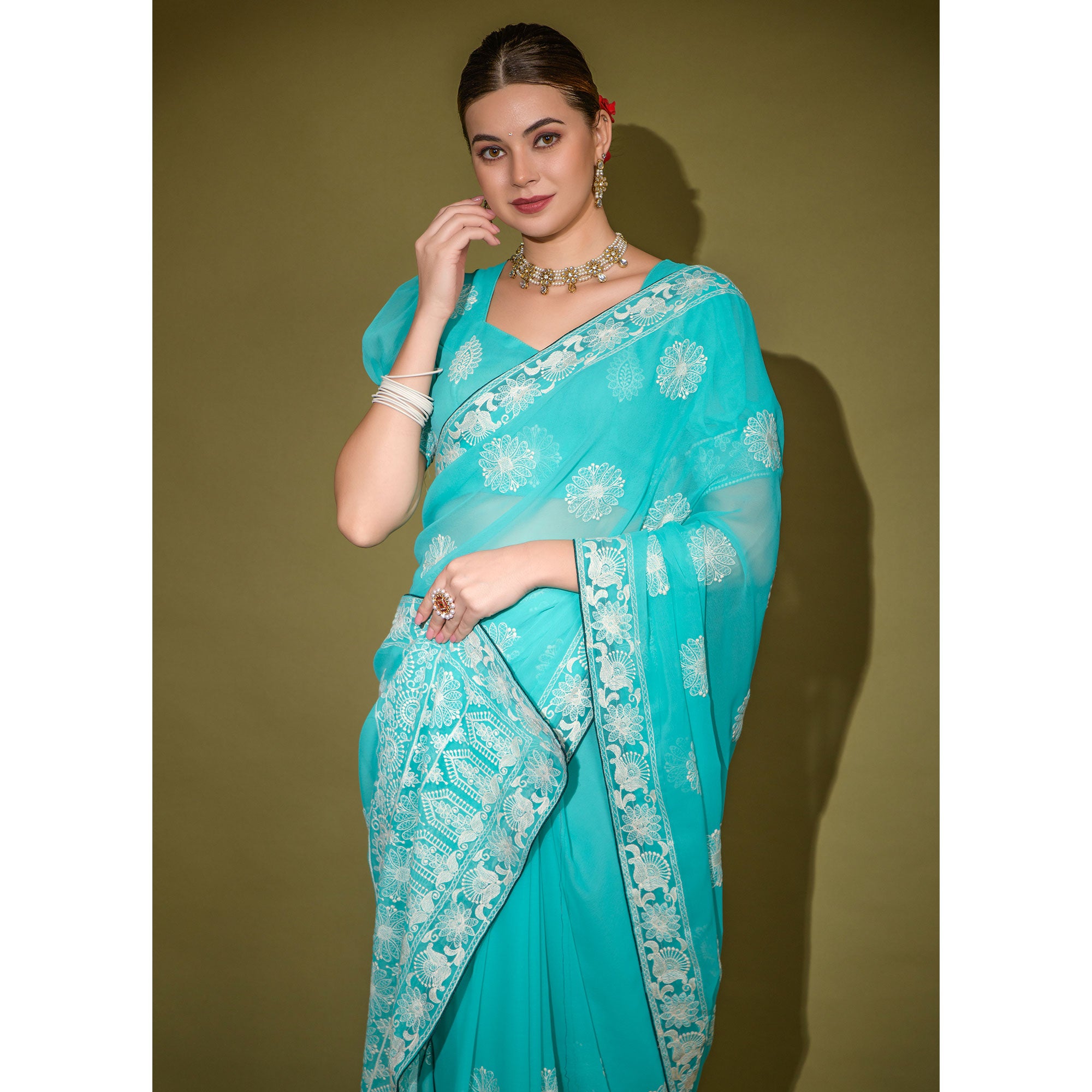 Sky Blue Floral Embroidered Georgette Saree