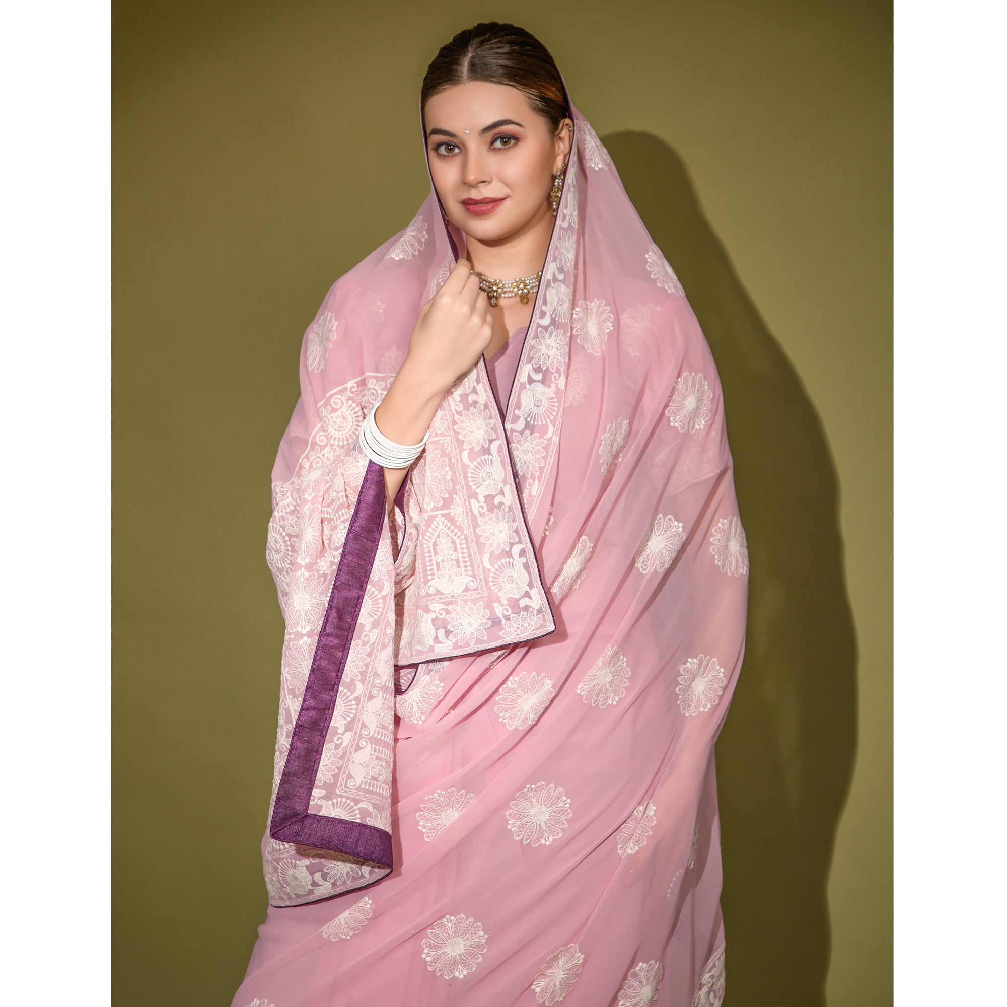 Pink Floral Embroidered Georgette Saree