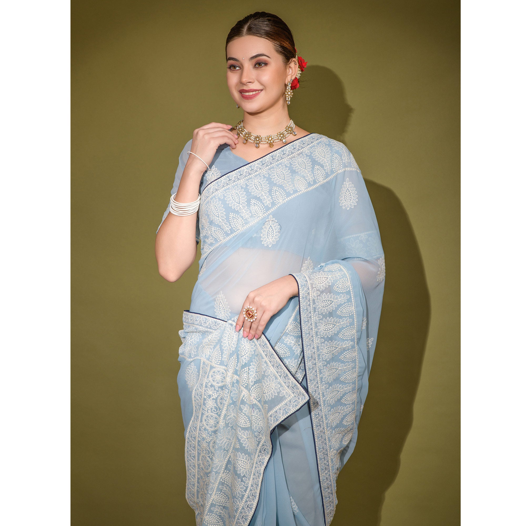 Grey Floral Embroidered Georgette Saree