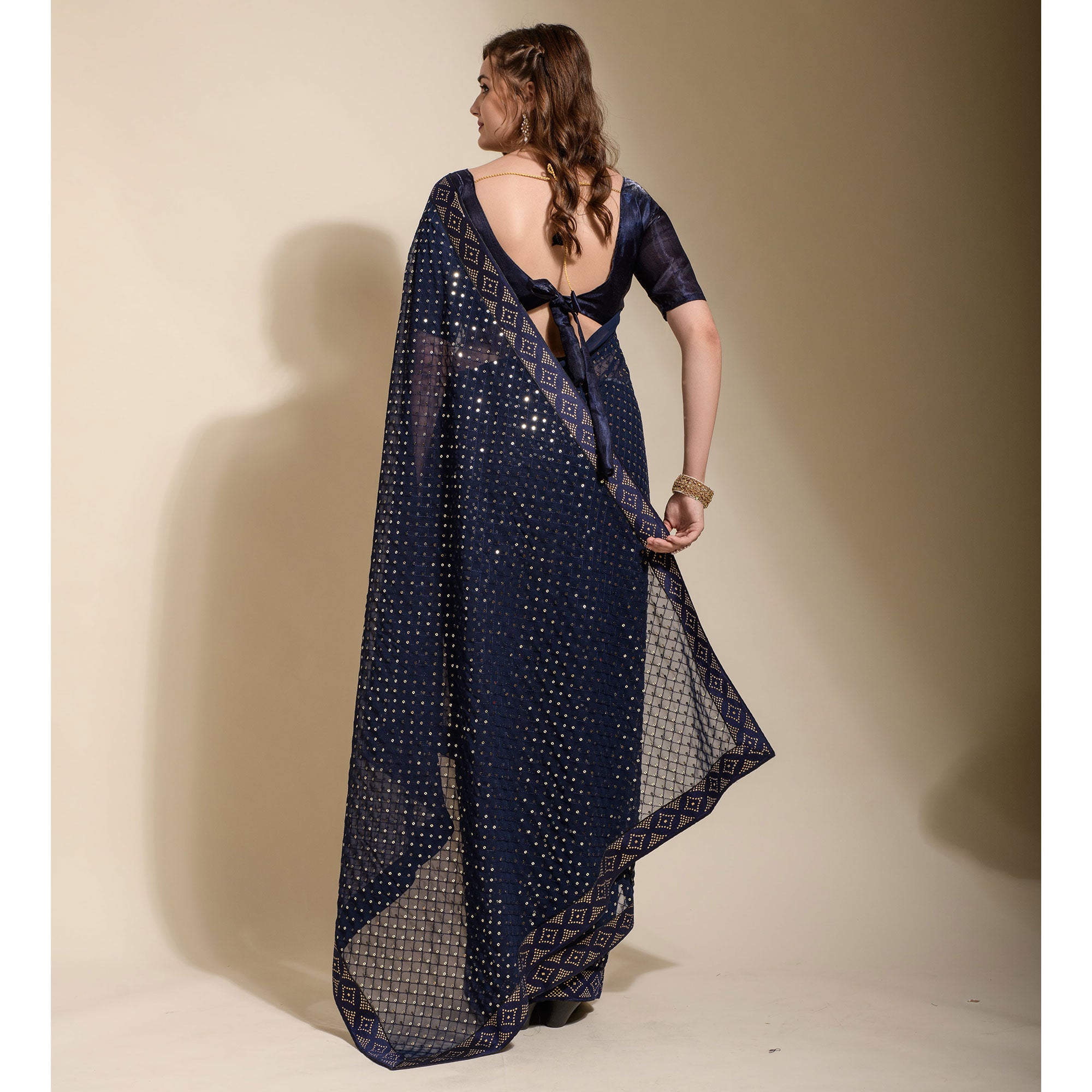 Navy Blue Sequins Embroidered Georgette Saree