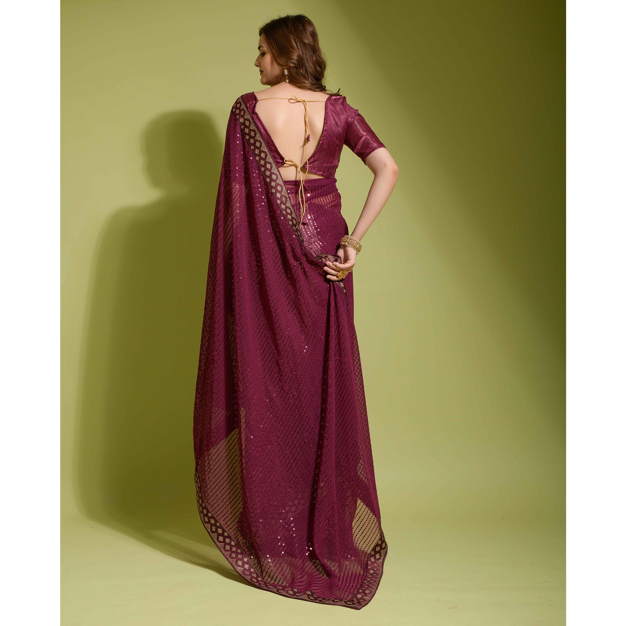 Wine Sequins Embroidered Georgette Saree