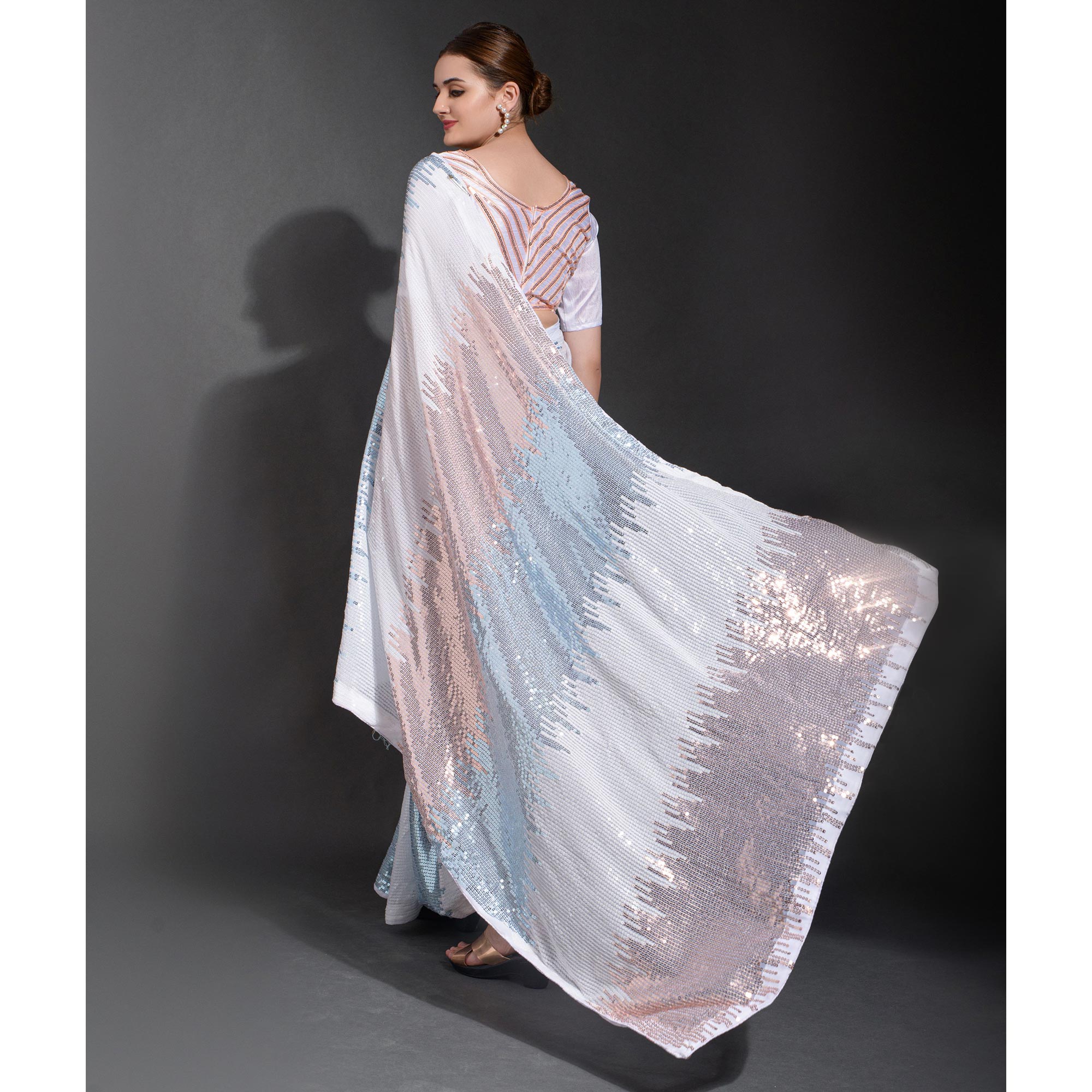 White & Sky Blue Sequins Embroidered Georgette Saree