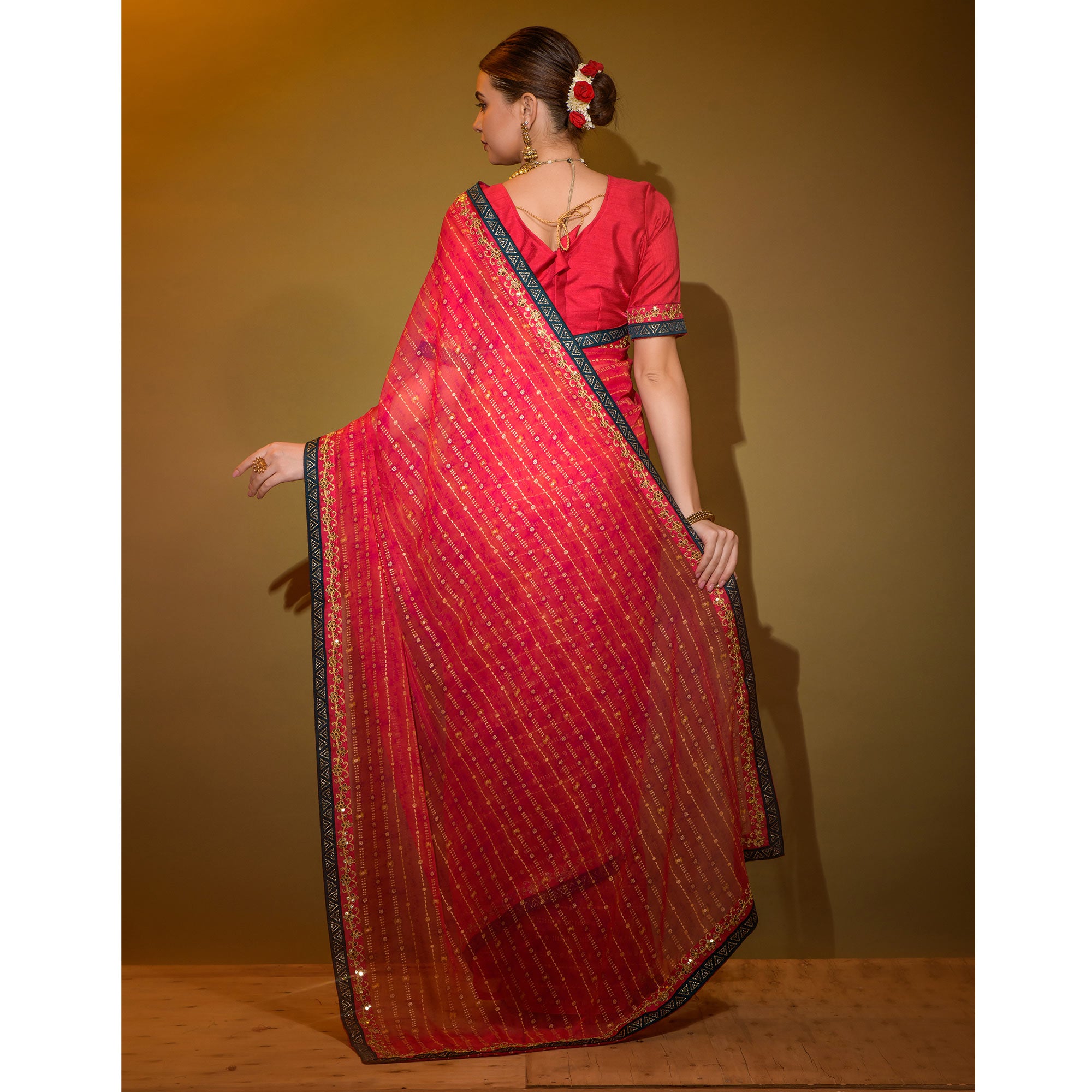 Red Foil Printed Georgette Saree With Embroidered Border