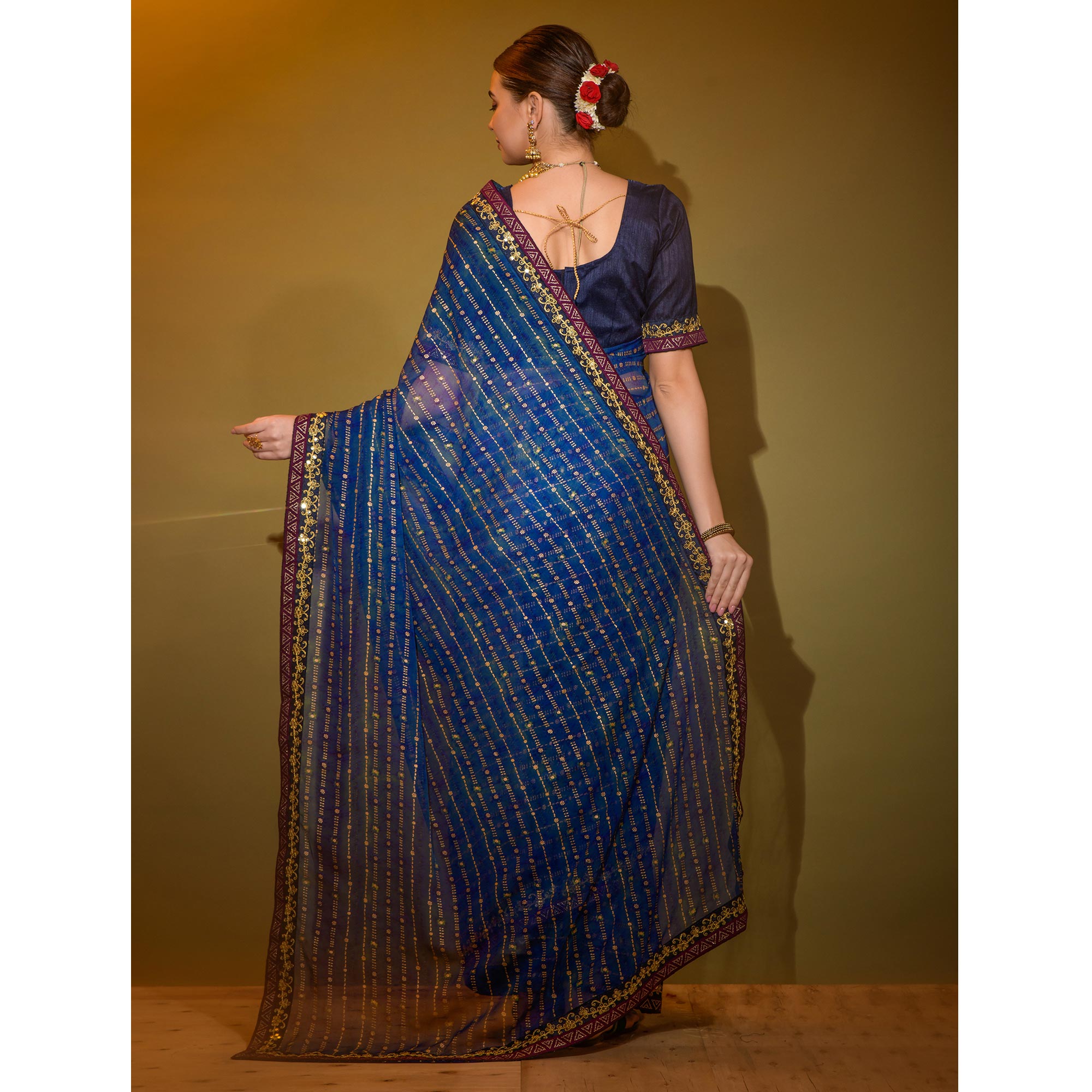 Blue Foil Printed Georgette Saree With Embroidered Border