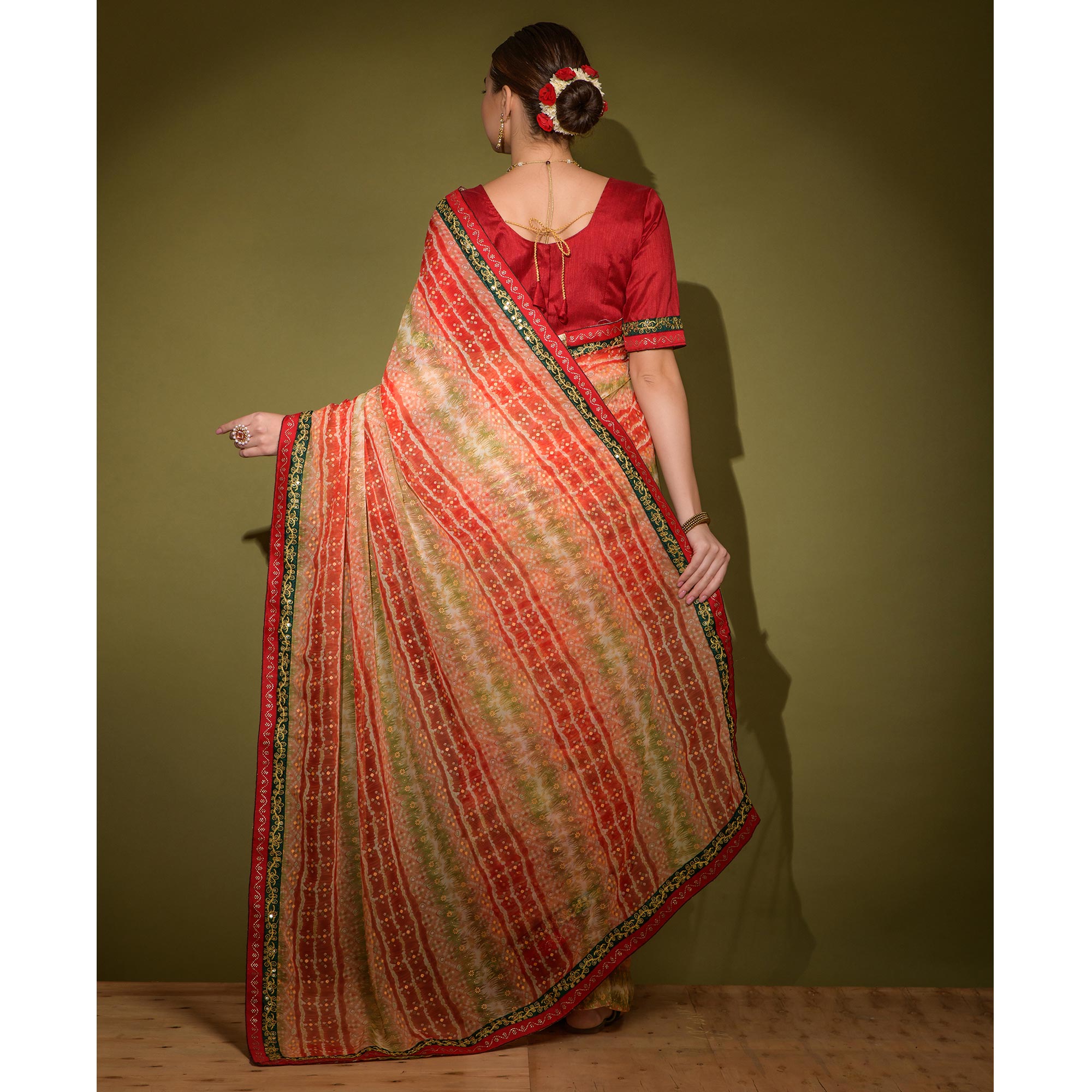 Red Leheriya Printed Georgette Saree With Embroidered Border