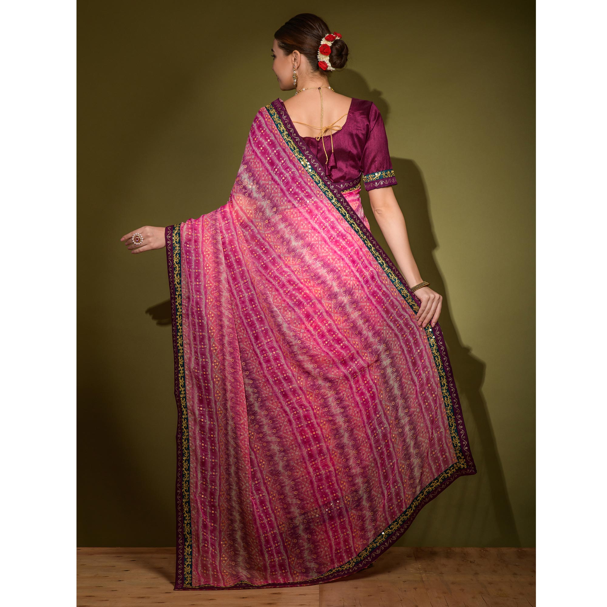 Pink Leheriya Printed Georgette Saree With Embroidered Border