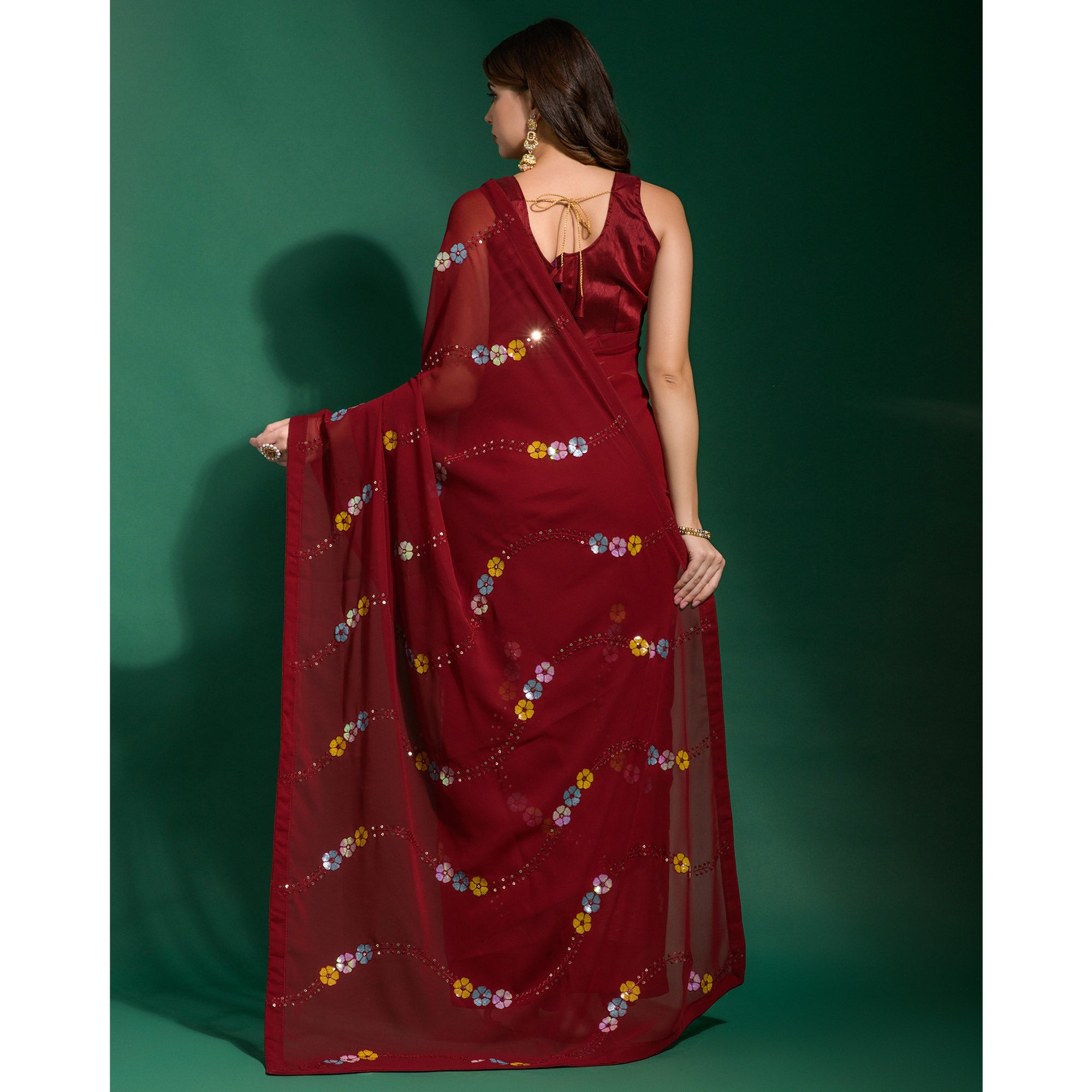 Maroon Sequins Embroidered Georgette Saree